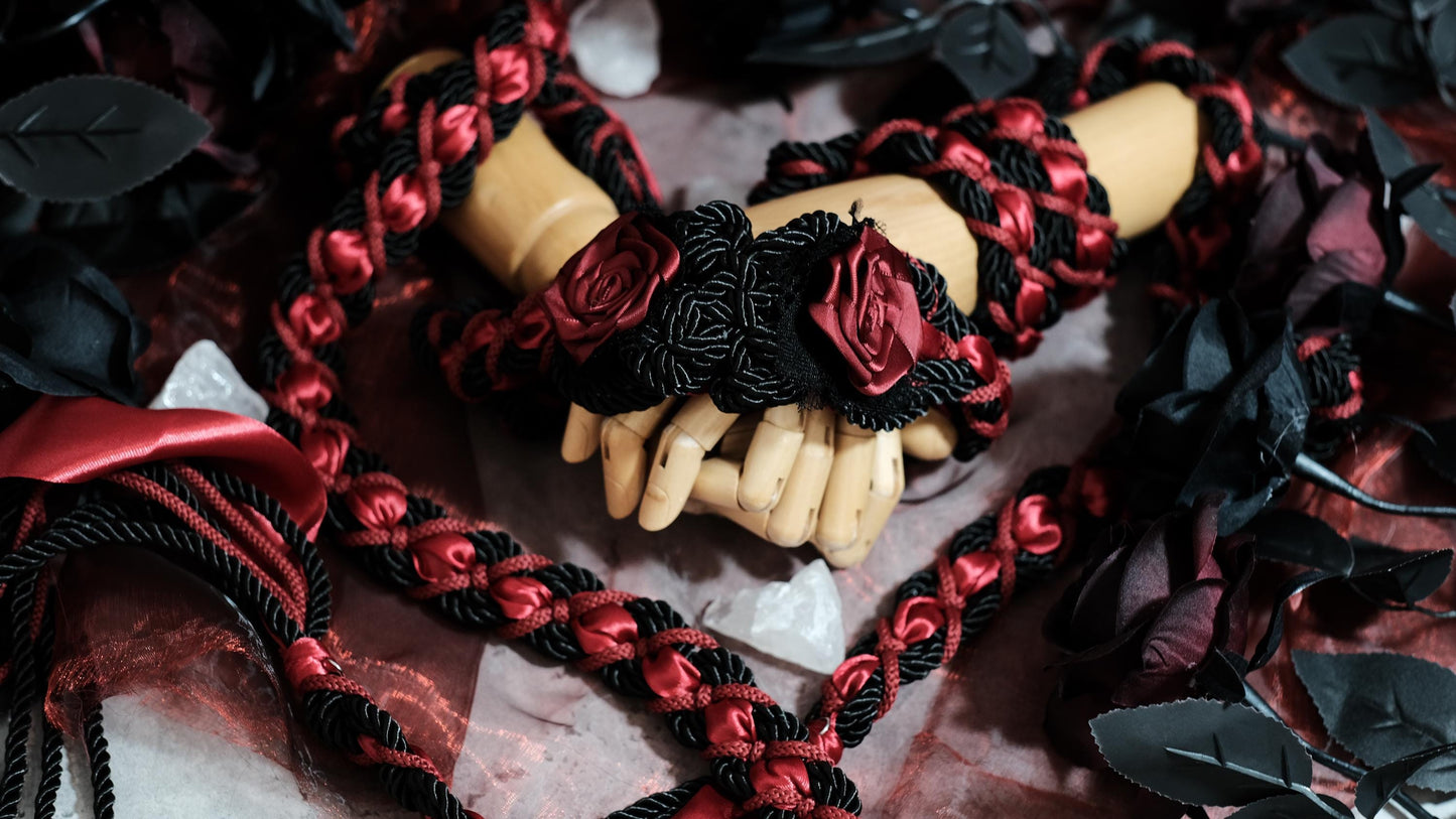 Custom braided Handfasting Cord: Gothic Black & Red with Roses Celtic Love Knot – Customizable Colors