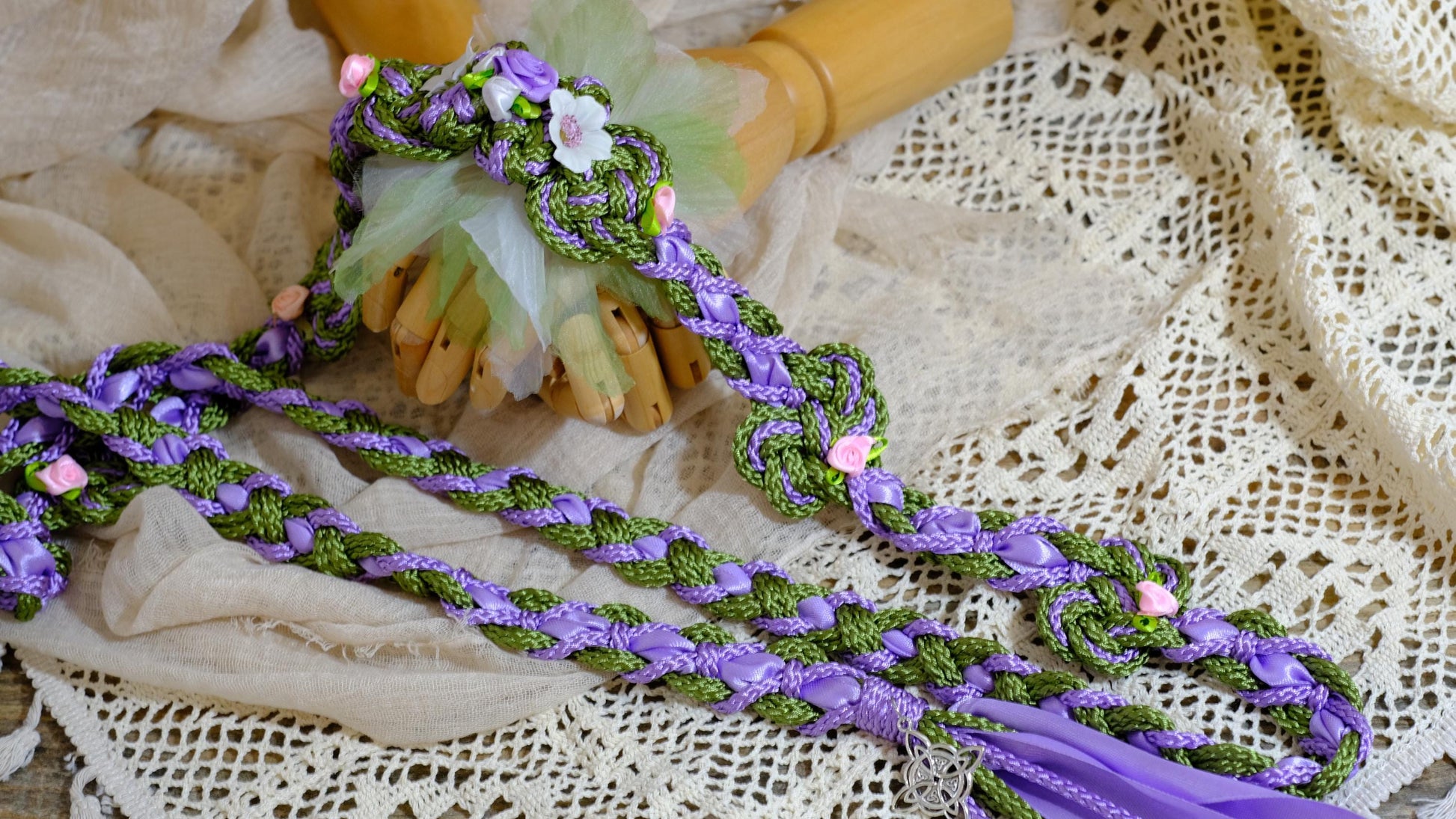 Custom Shimmer Handfasting Cord: Meadow Green, Lavender Bloom, Fairy Floral Accents
