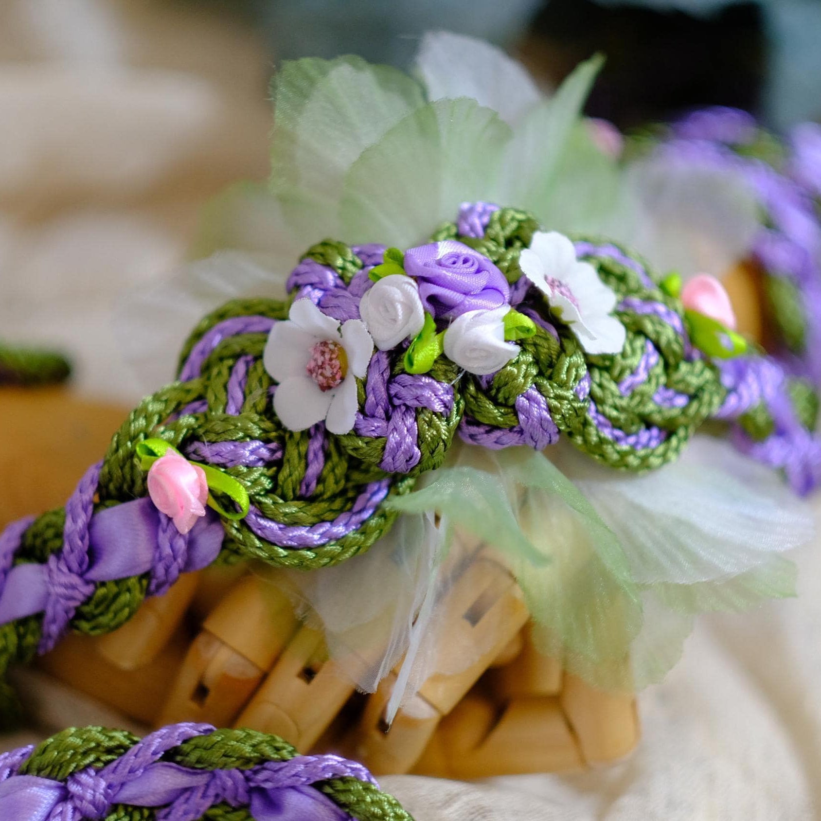 Custom Shimmer Handfasting Cord: Meadow Green, Lavender Bloom, Fairy Floral Accents