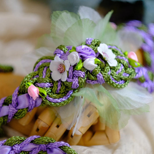 Custom Shimmer Handfasting Cord: Meadow Green, Lavender Bloom, Fairy Floral Accents