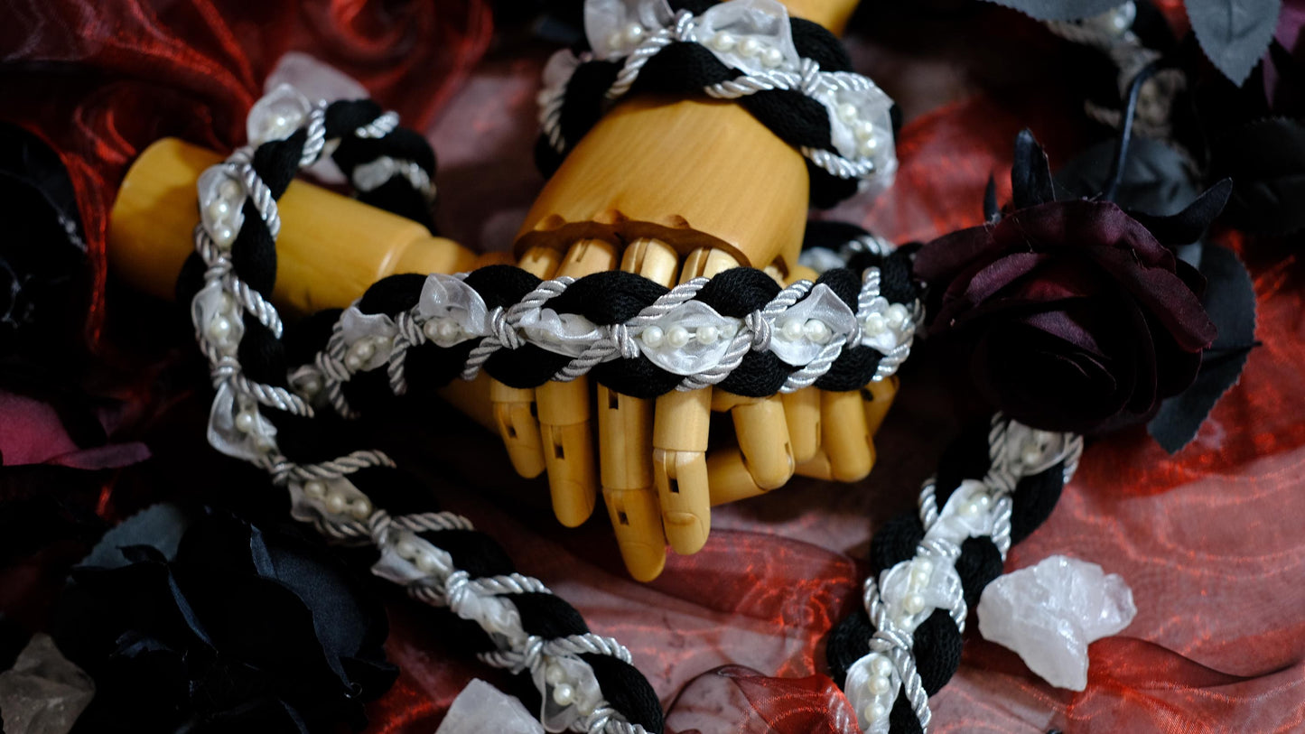 Custom braided Handfasting Cord: Black cord White Lace with Pearls Accents – Customizable Colors