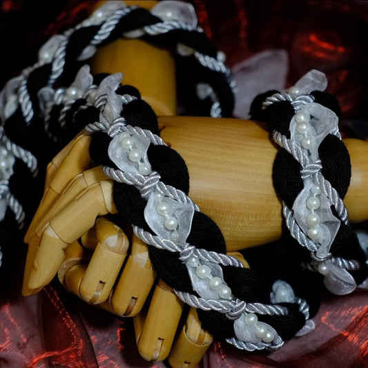 Custom braided Handfasting Cord: Black cord White Lace with Pearls Accents – Customizable Colors