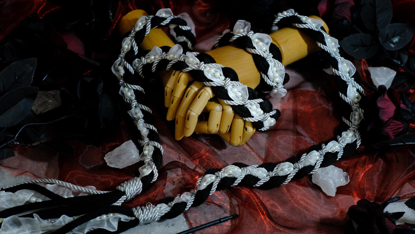 Custom braided Handfasting Cord: Black cord White Lace with Pearls Accents – Customizable Colors
