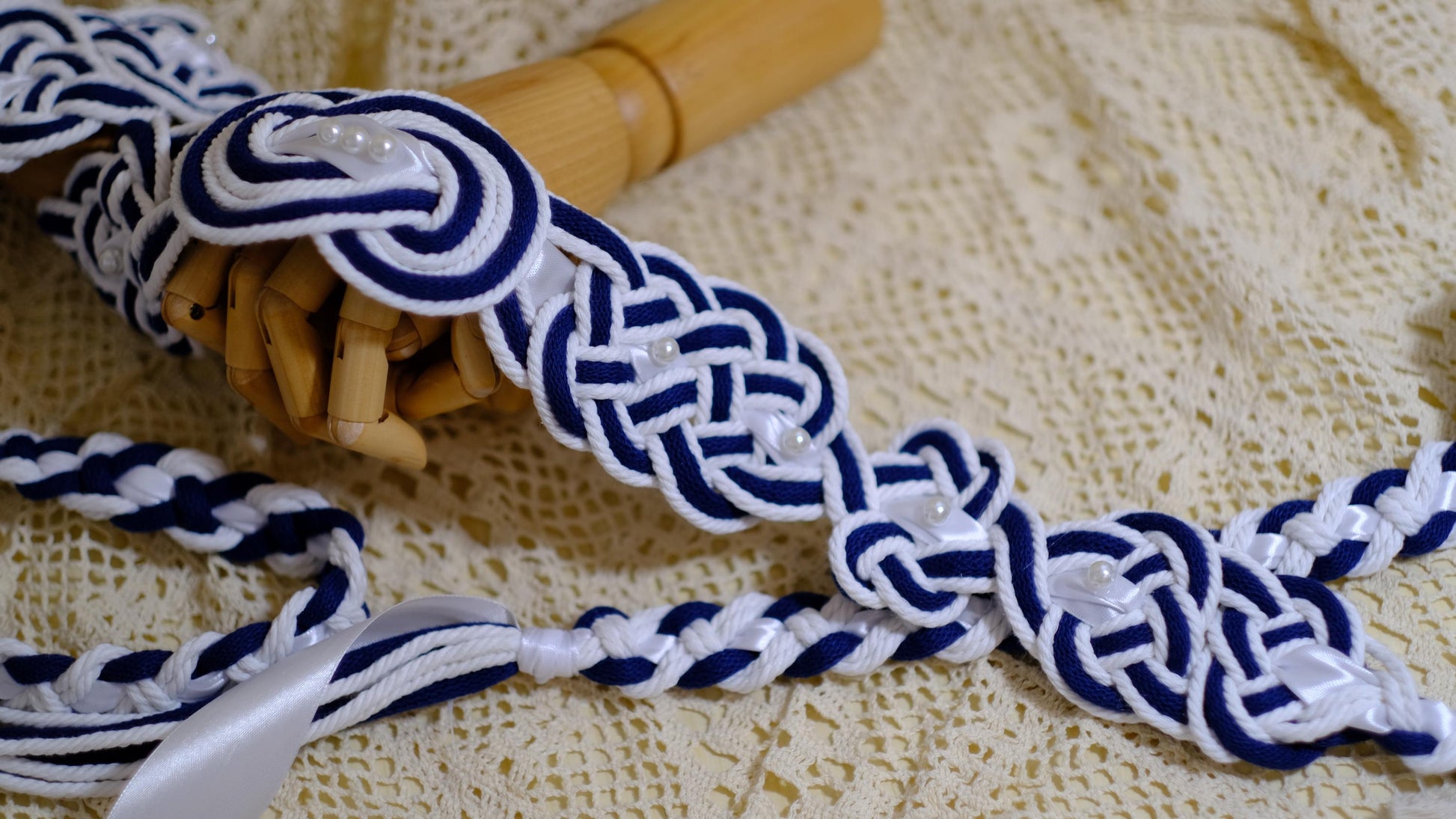 Pre-made Hand Braided Handfasting Cord: Navy and White with Celtic Nine Knots, Pearls