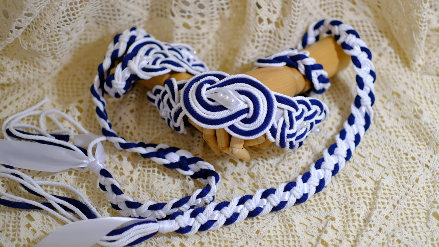 Pre-made Hand Braided Handfasting Cord: Navy and White with Celtic Nine Knots, Pearls