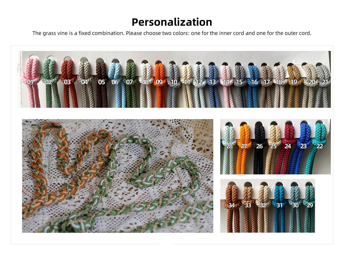 Custom Braided Handfasting Cord: Sage Green & Off White with Grass Vine – Customizable Colors