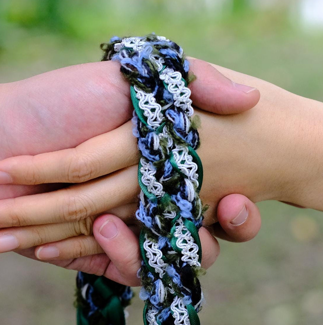 Custom braided Handfasting Cord: Wool Yarn with White Lace and Satin Ribbon – Customizable Colors