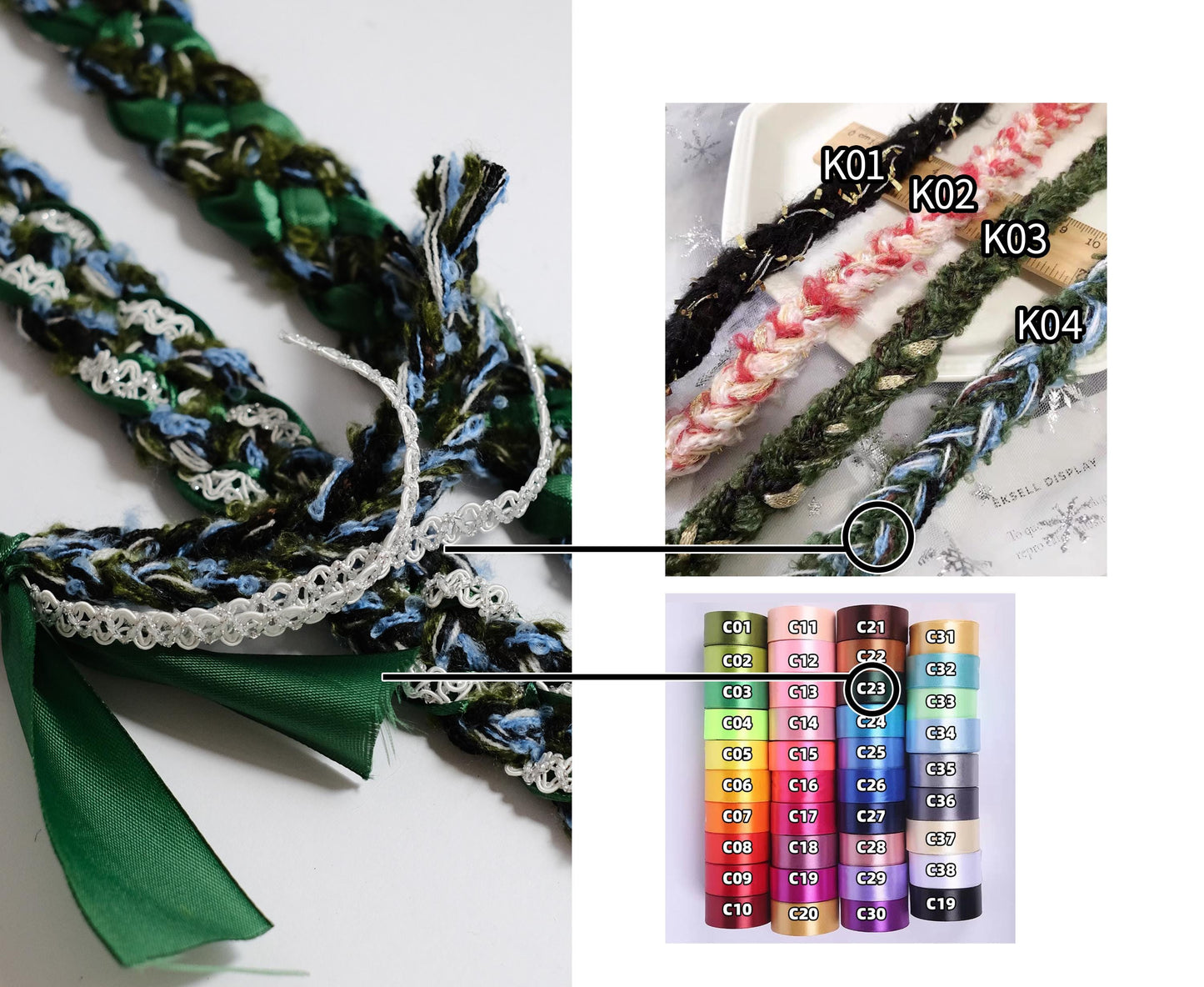 Custom braided Handfasting Cord: Wool Yarn with White Lace and Satin Ribbon – Customizable Colors