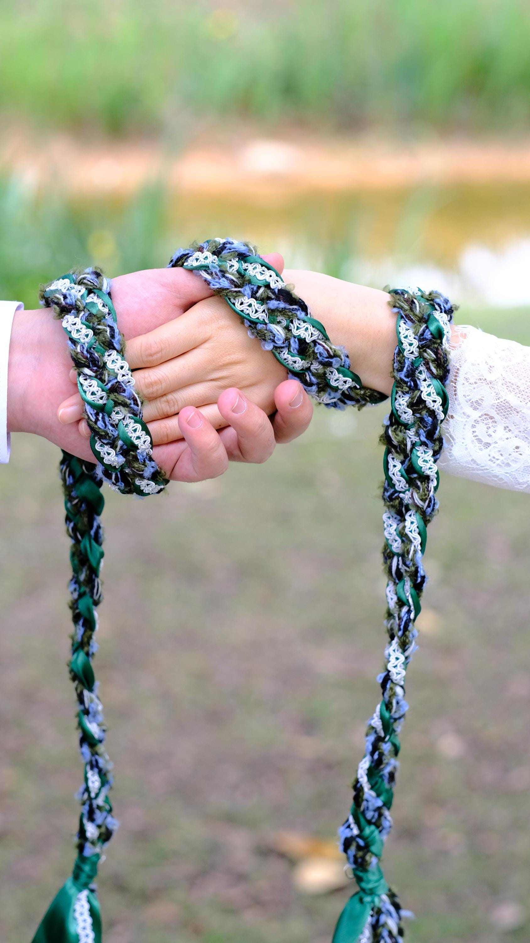 Custom braided Handfasting Cord: Wool Yarn with White Lace and Satin Ribbon – Customizable Colors