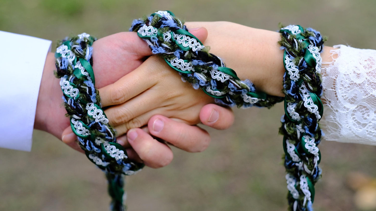 Custom braided Handfasting Cord: Wool Yarn with White Lace and Satin Ribbon – Customizable Colors
