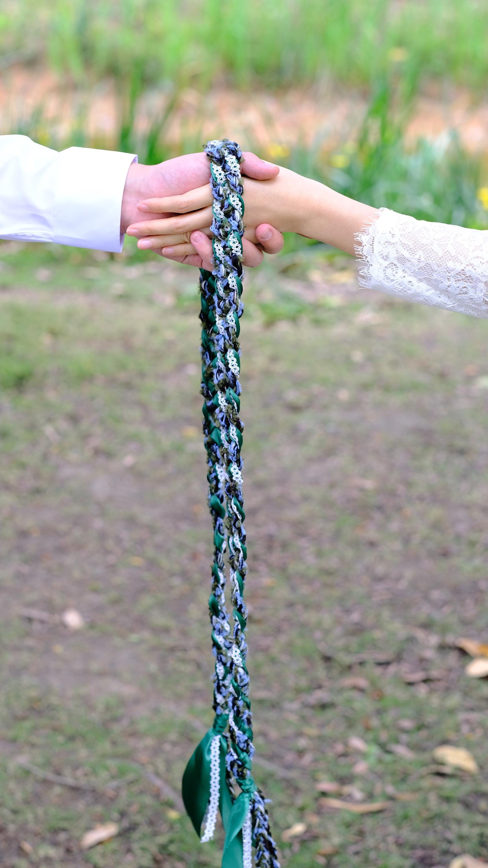 Custom braided Handfasting Cord: Wool Yarn with White Lace and Satin Ribbon – Customizable Colors