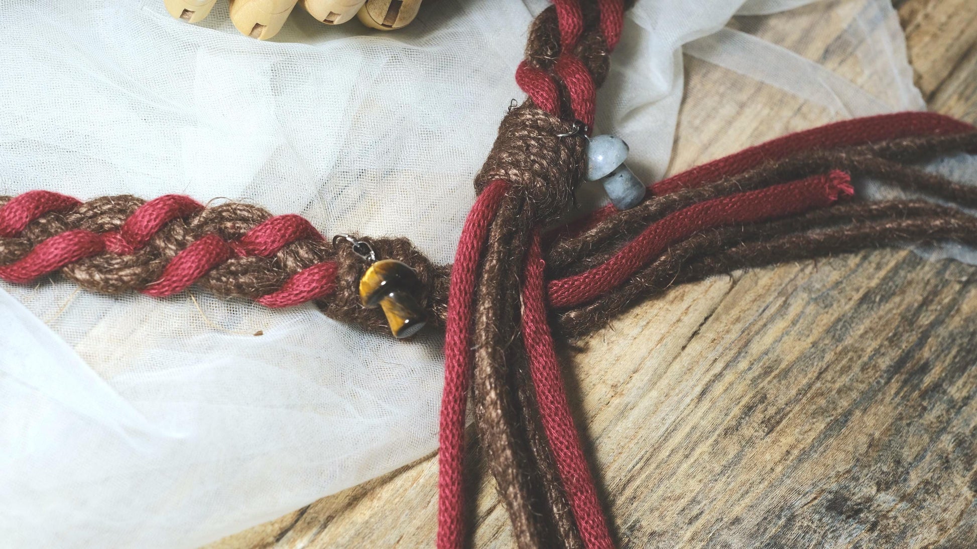 Pre-made Handmade Wedding Handfasting Cord: Red & Brown Braid with wood floral