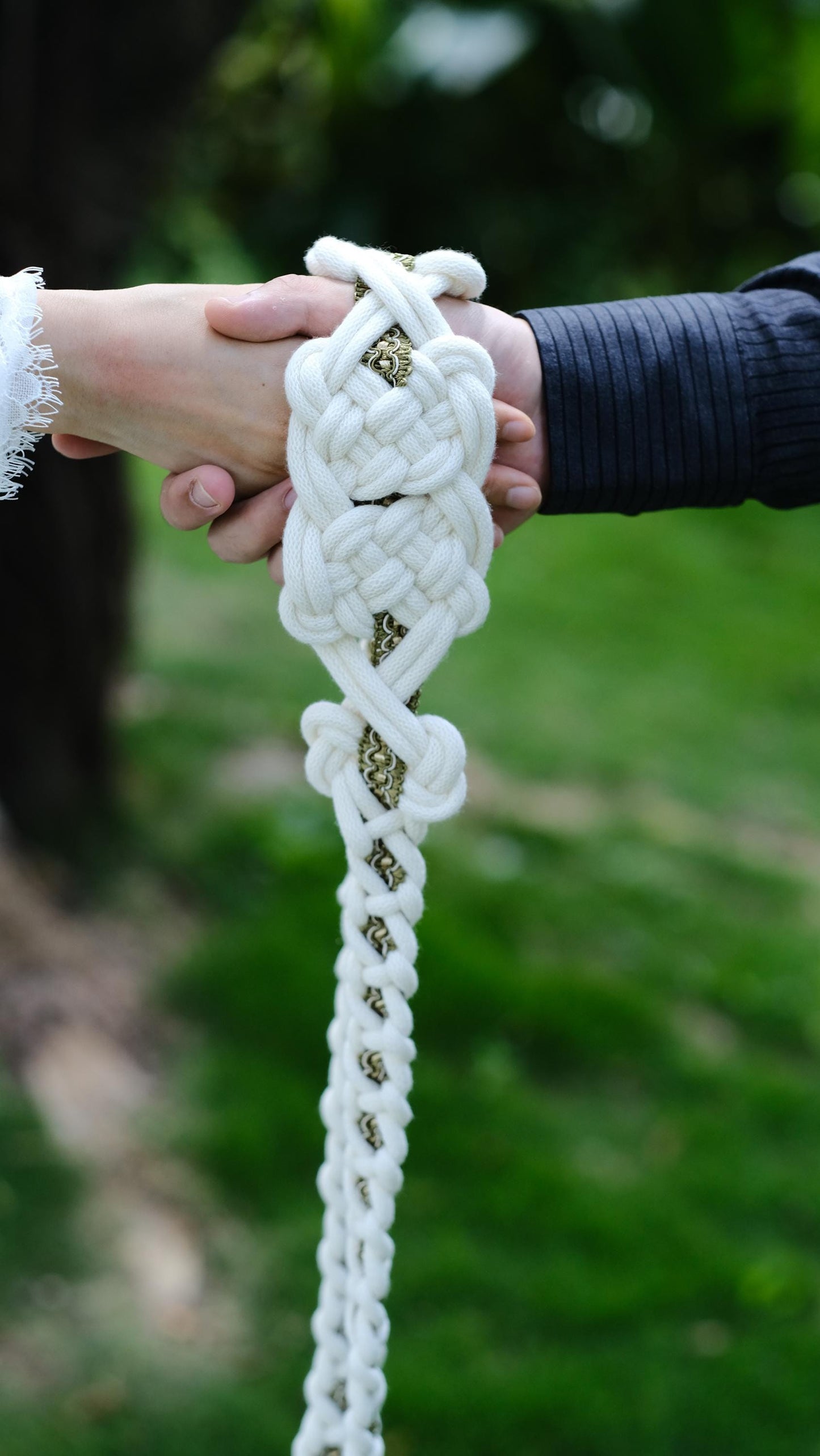 Custom braided Handfasting Cord: Celtic Knot, White Rope & Antique Gold Details Ribbon – Customizable Colors