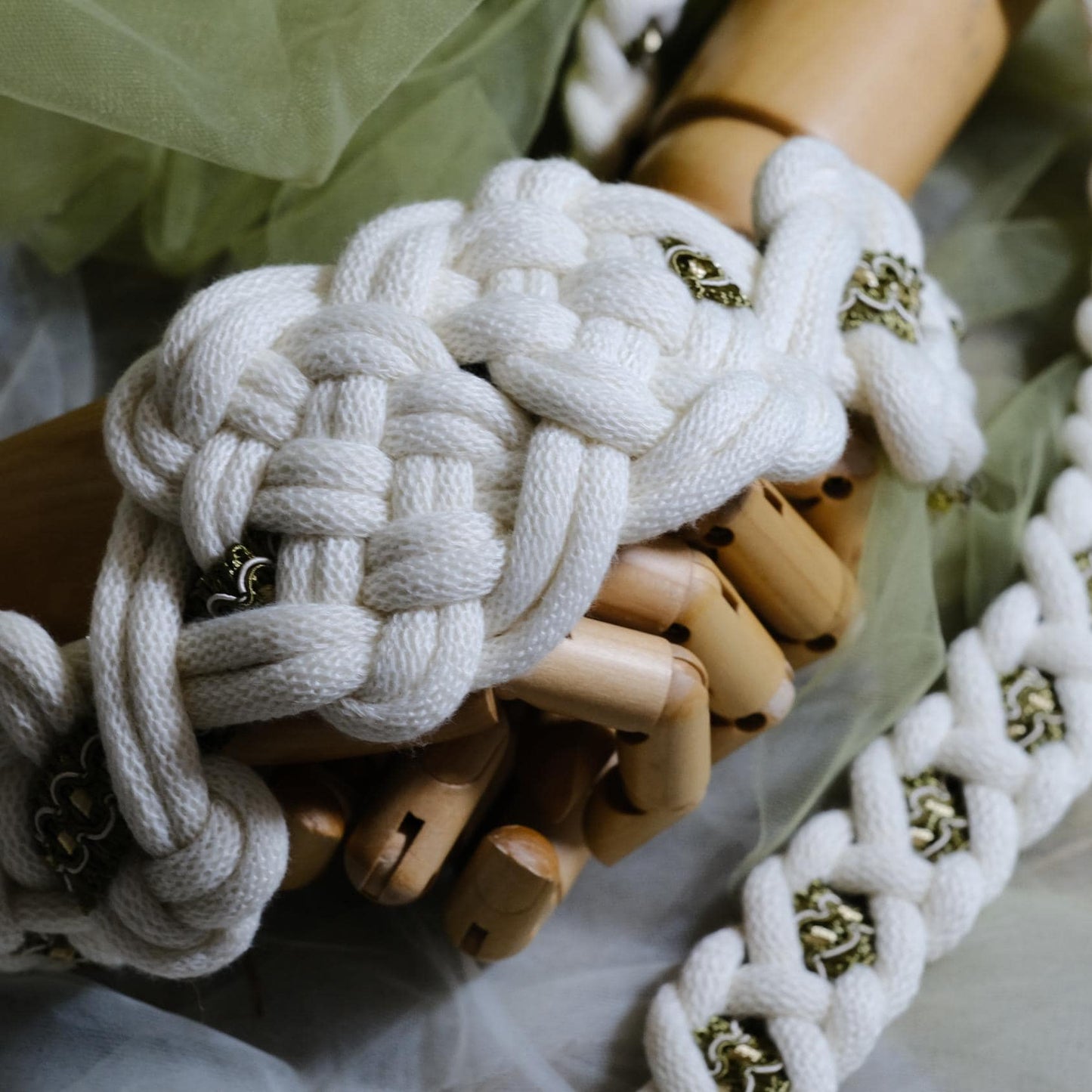 Custom braided Handfasting Cord: Celtic Knot, White Rope & Antique Gold Details Ribbon – Customizable Colors
