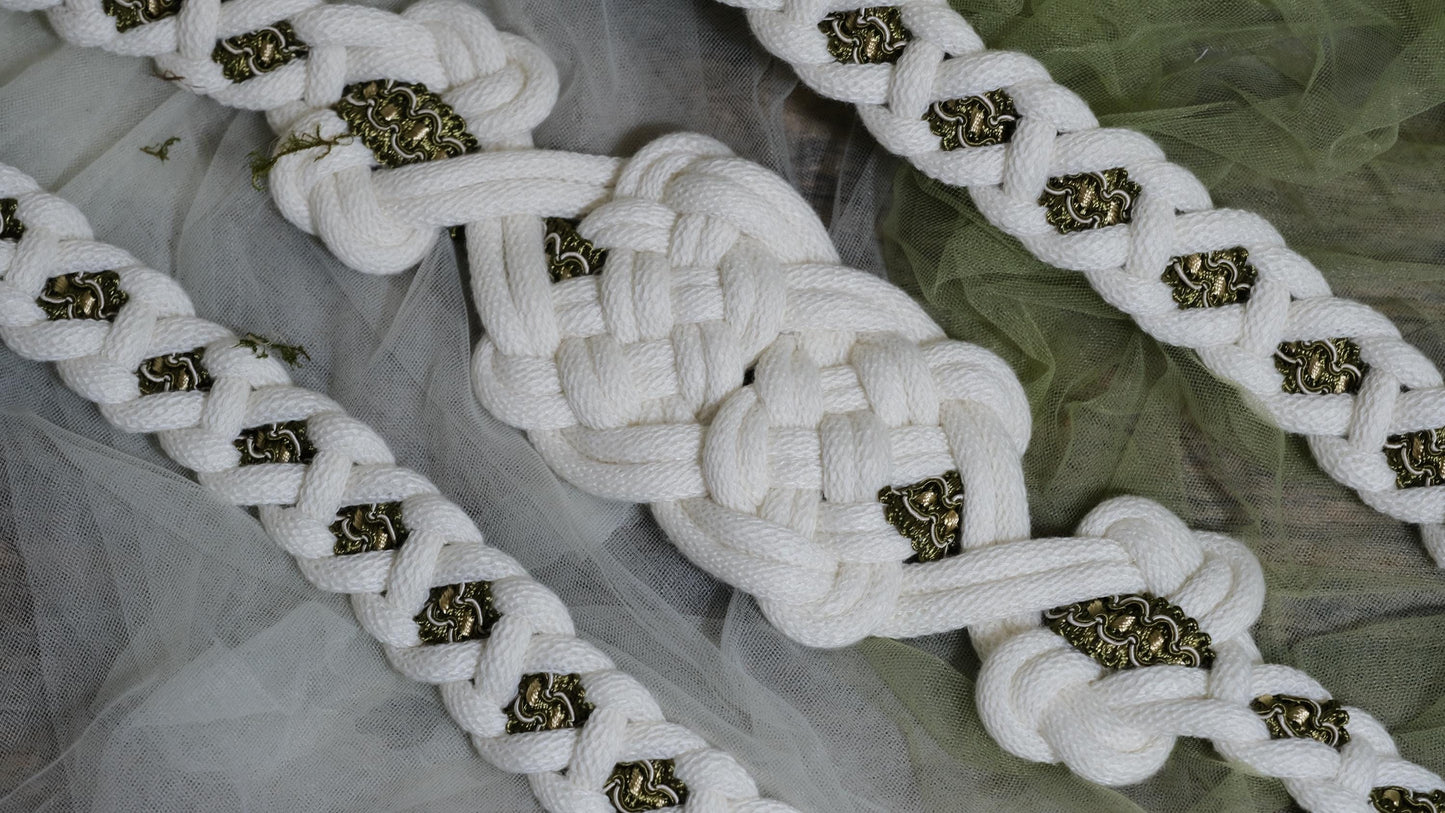 Custom braided Handfasting Cord: Celtic Knot, White Rope & Antique Gold Details Ribbon – Customizable Colors