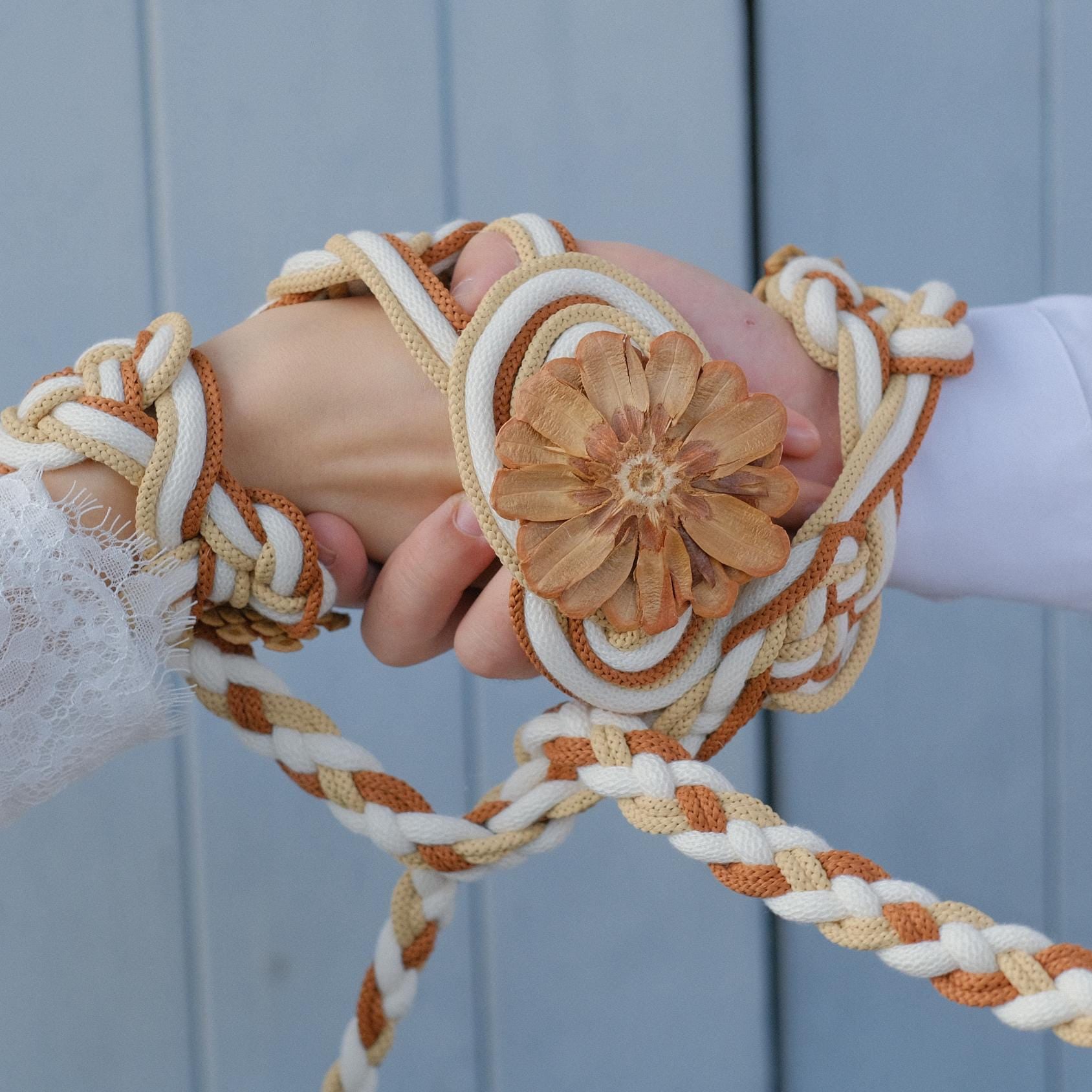 Custom braided Handfasting Cord: Cream & Caramel with Wooden Flower, Nine Knots – Customizable Colors
