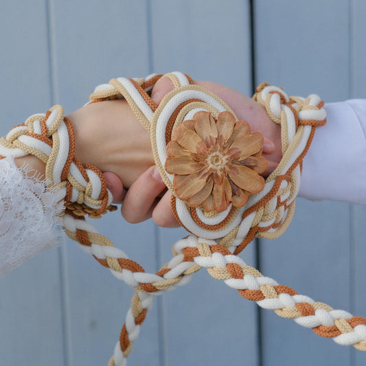 Custom braided Handfasting Cord: Cream & Caramel with Wooden Flower, Nine Knots – Customizable Colors