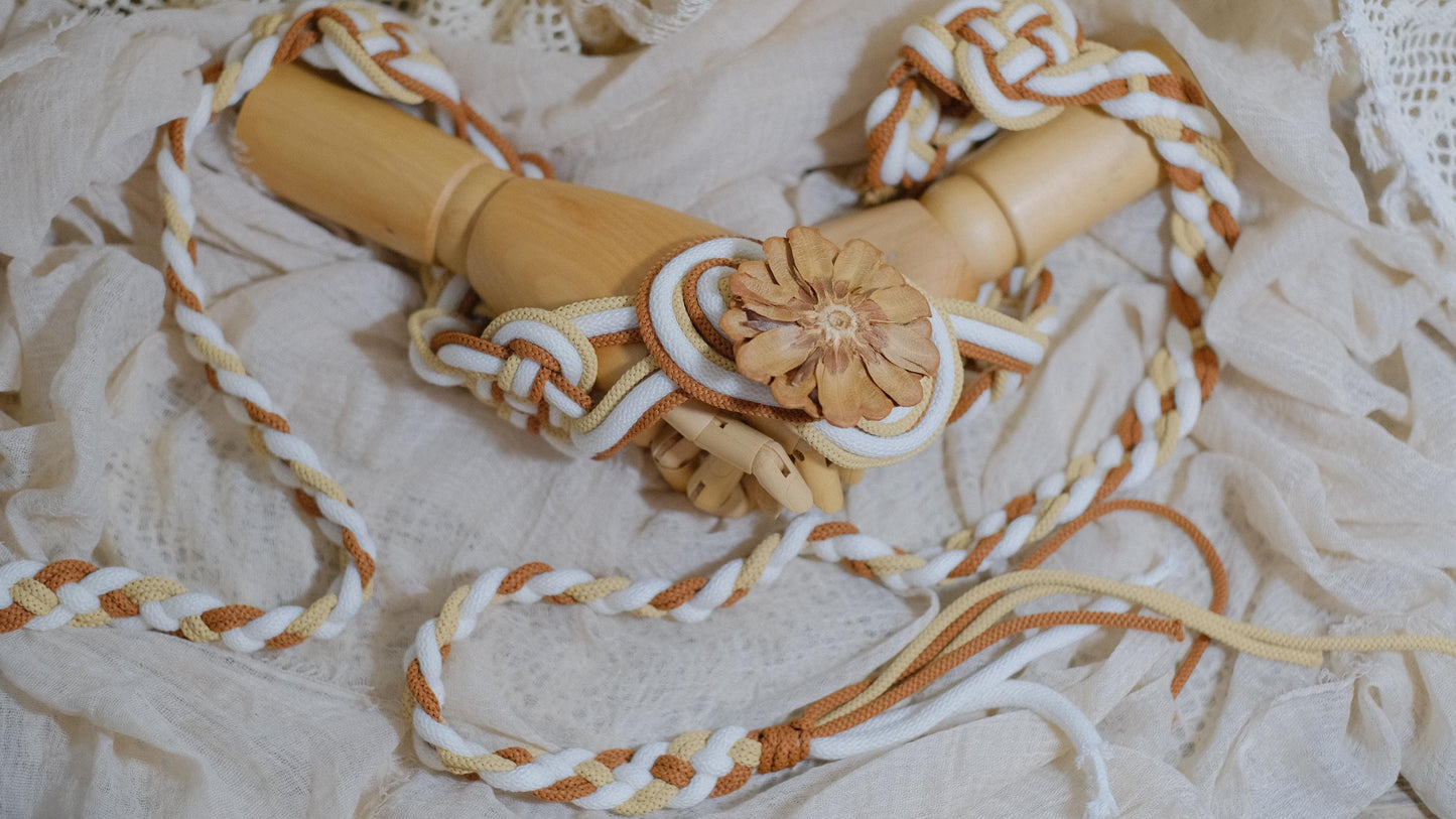 Custom braided Handfasting Cord: Cream & Caramel with Wooden Flower, Nine Knots – Customizable Colors