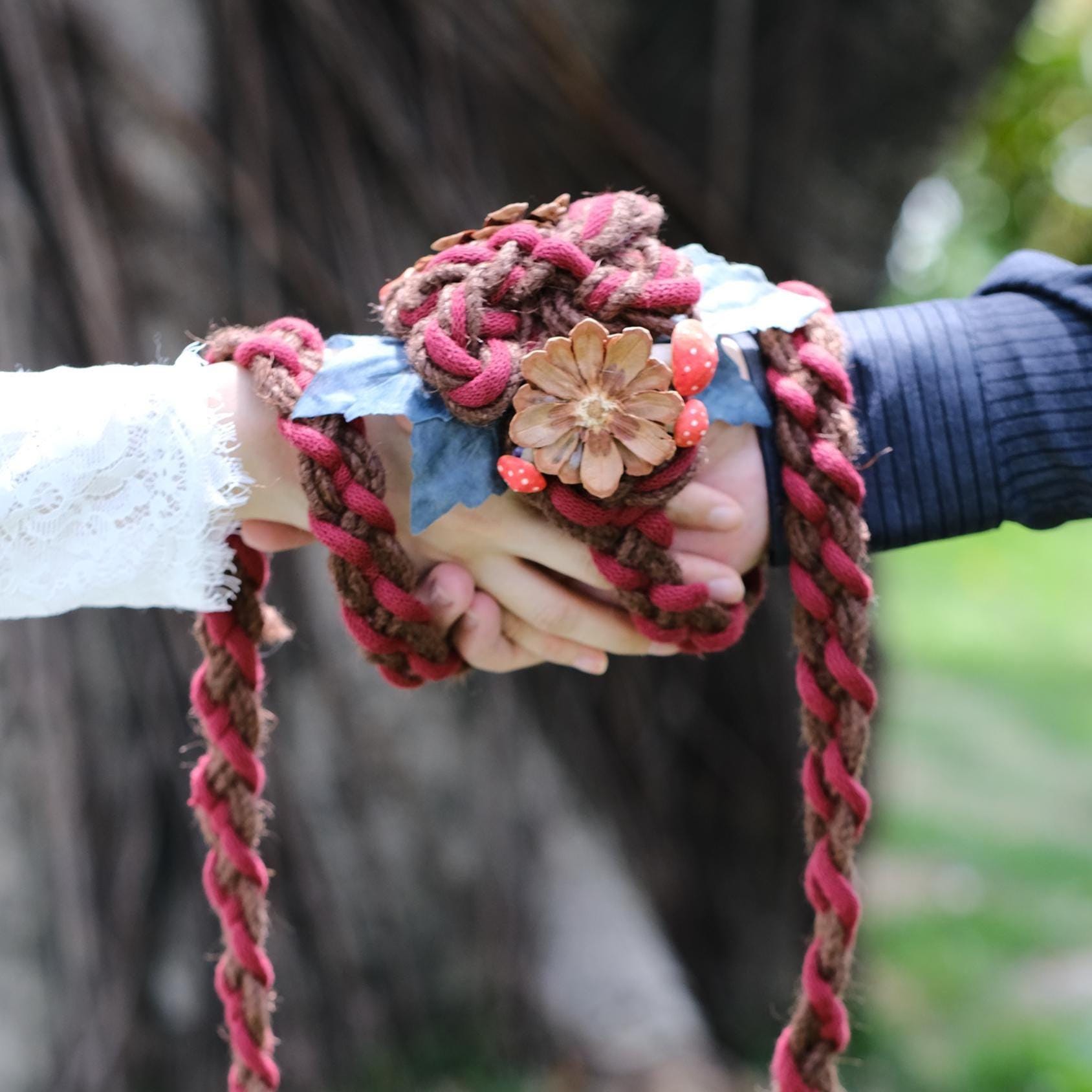 Pre-made Handmade Wedding Handfasting Cord: Red & Brown Braid with wood floral