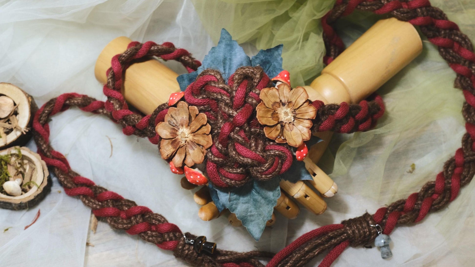 Pre-made Handmade Wedding Handfasting Cord: Red & Brown Braid with wood floral
