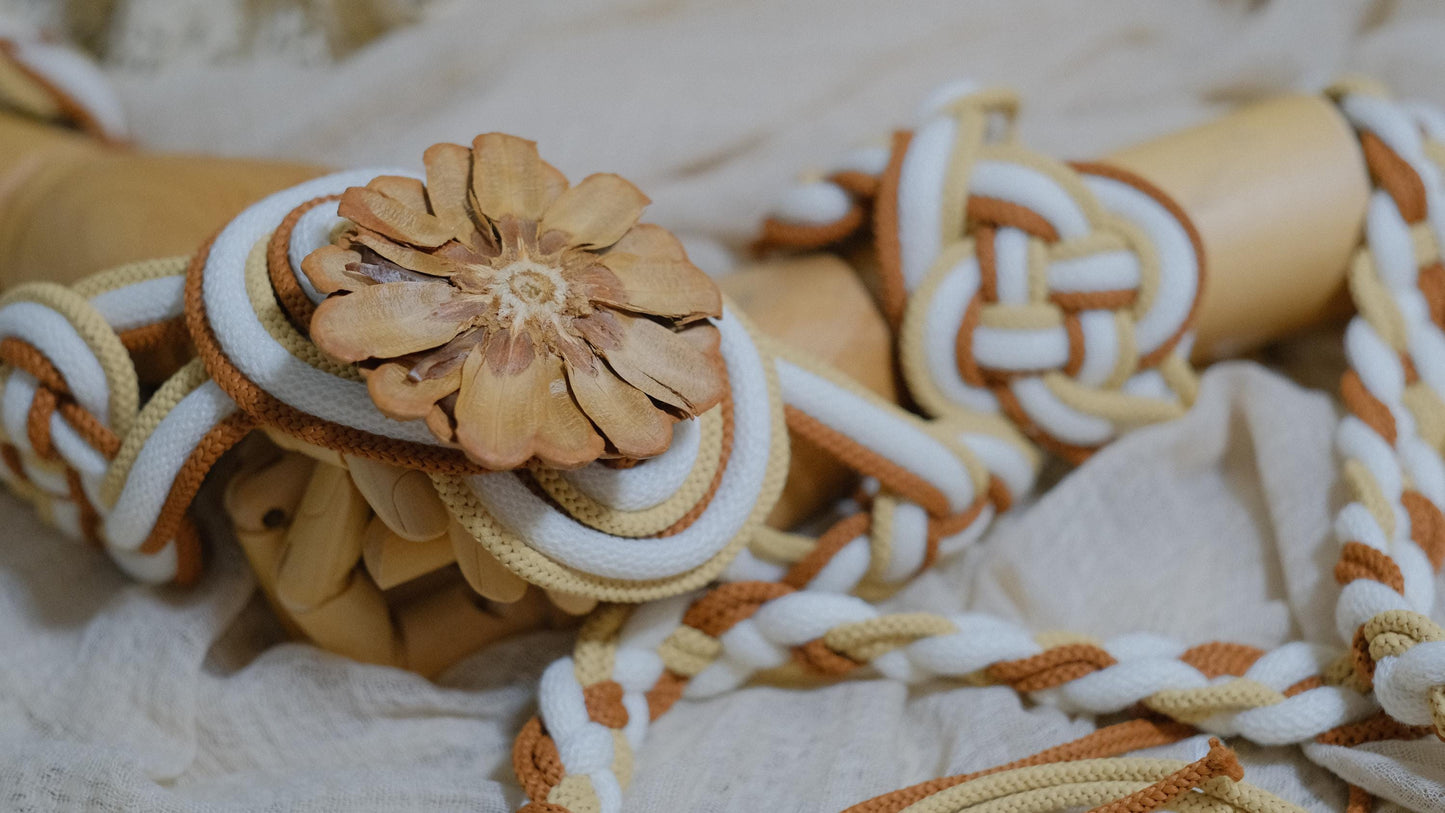 Custom braided Handfasting Cord: Cream & Caramel with Wooden Flower, Nine Knots – Customizable Colors