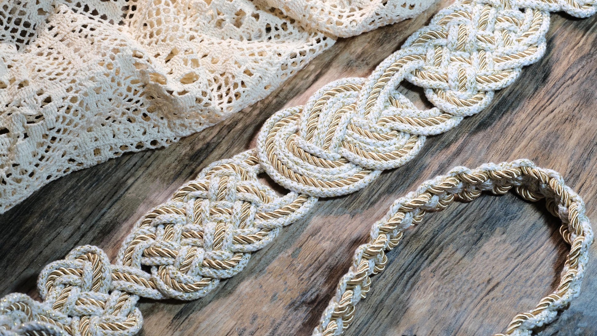 Custom braided Infinity Knot Handfasting Cord: Champagne & Ivory, Celtic Nine Knots – Customizable Colors