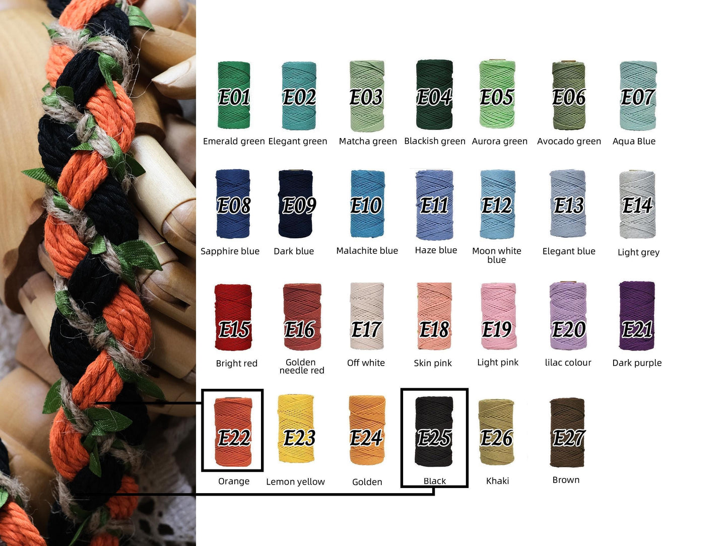 Custom braided Handfasting Cord: Black and Orange cord with Green Vine – Customizable Colors