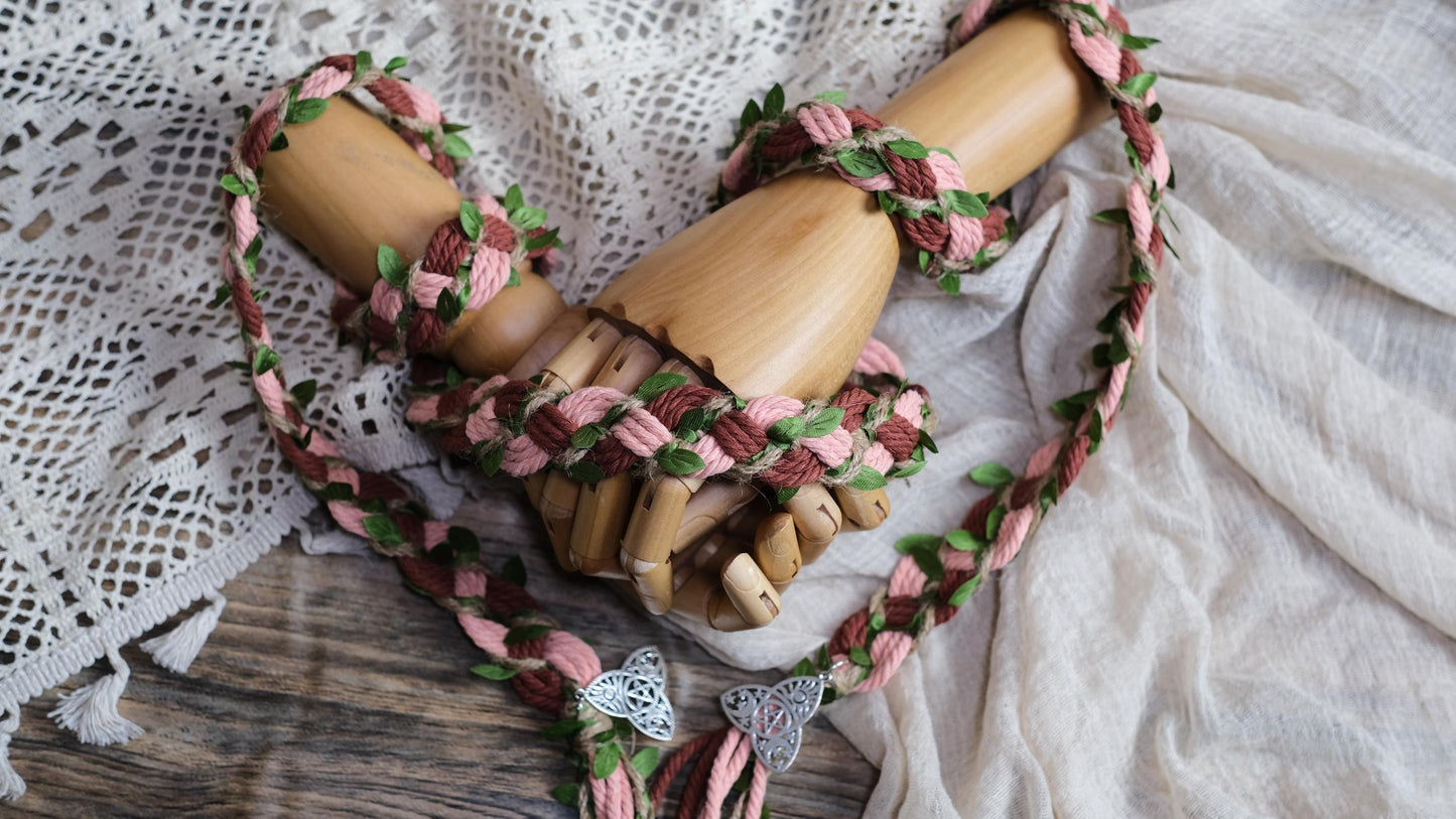 Custom braided Handfasting Cord: Blush Pink, Brown Cotton & Green Vine – Customizable Colors