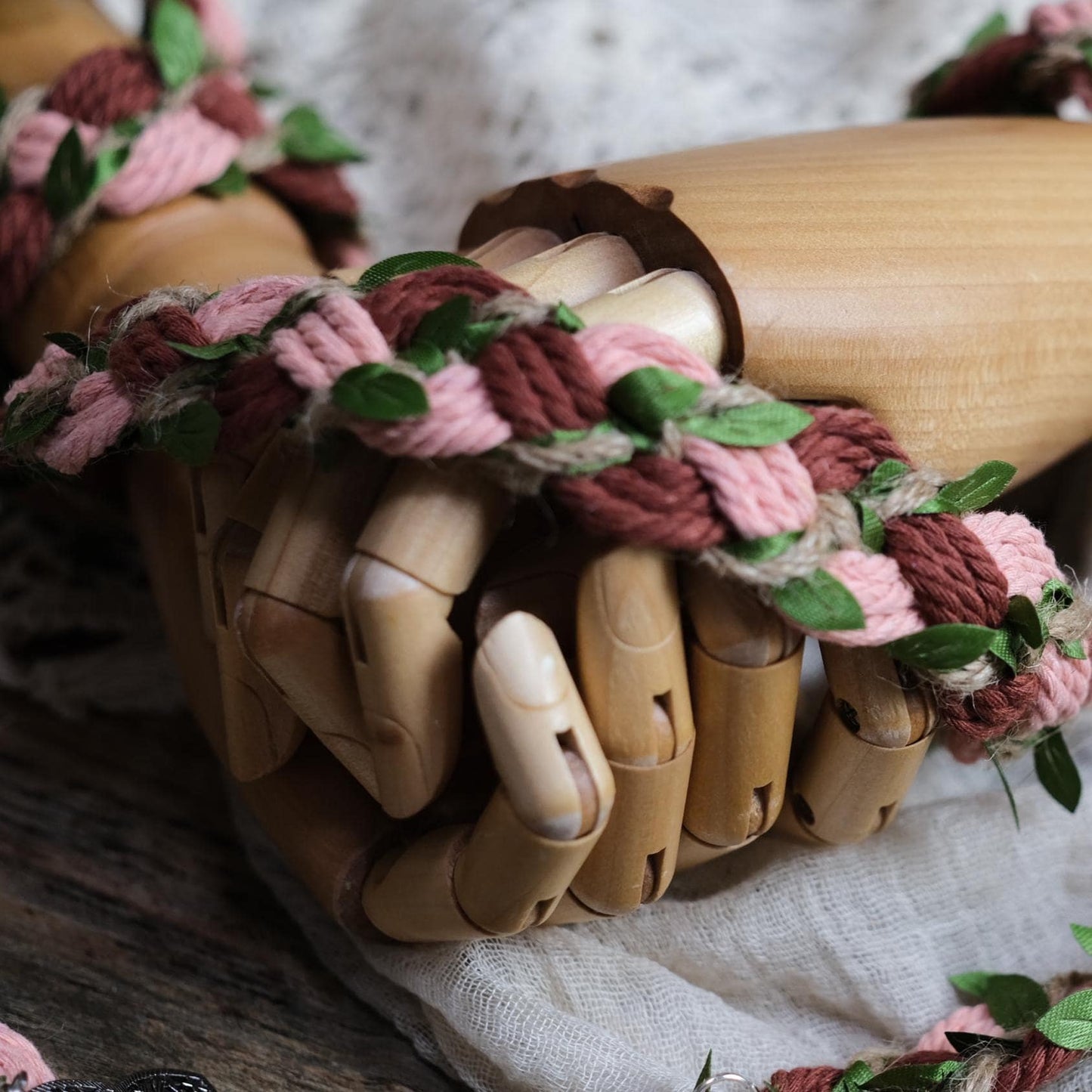 Custom braided Handfasting Cord: Blush Pink, Brown Cotton & Green Vine – Customizable Colors