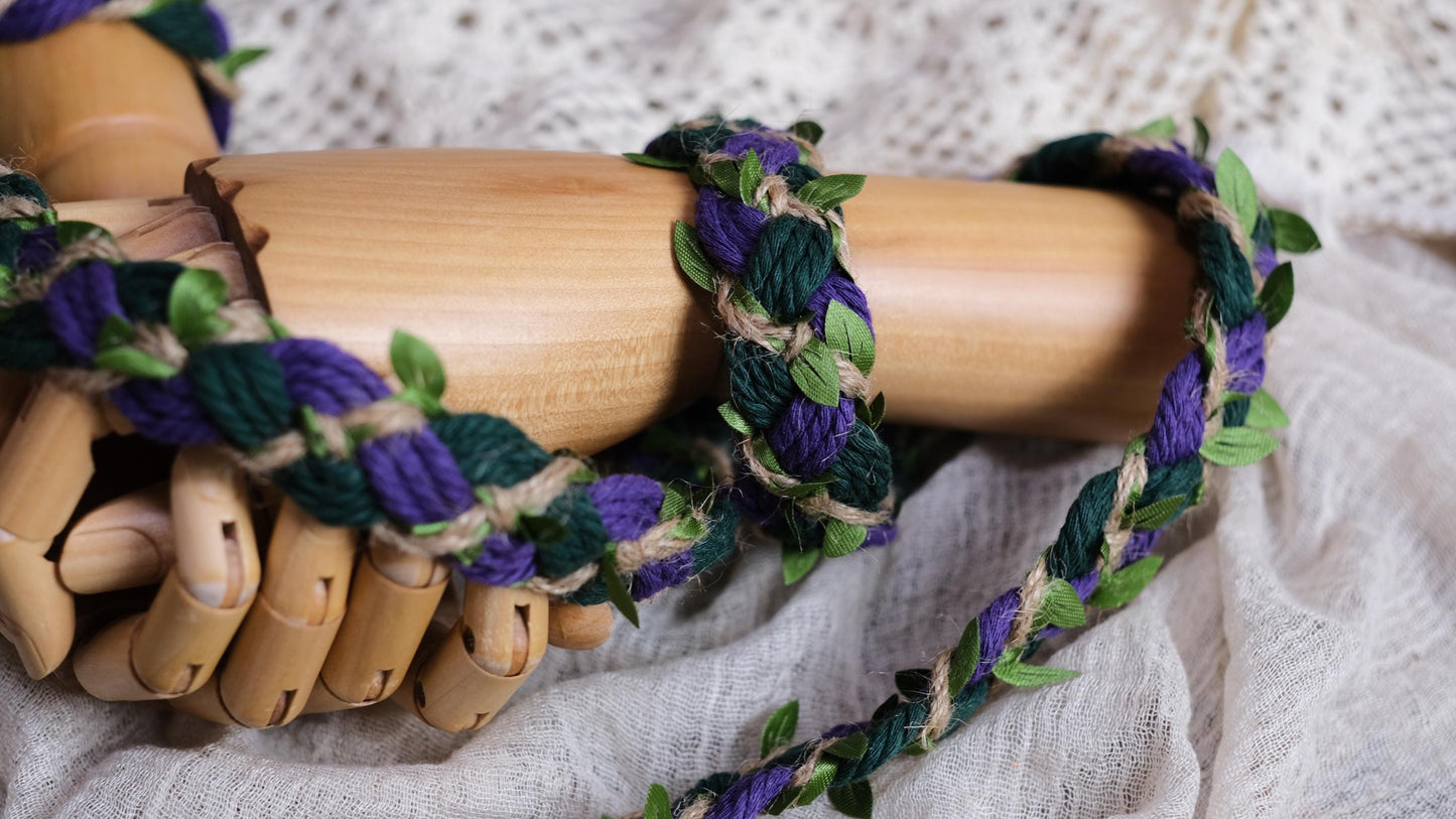 Custom braided Handfasting Cord: Purple & Dark Green with Vine– Customizable Colors