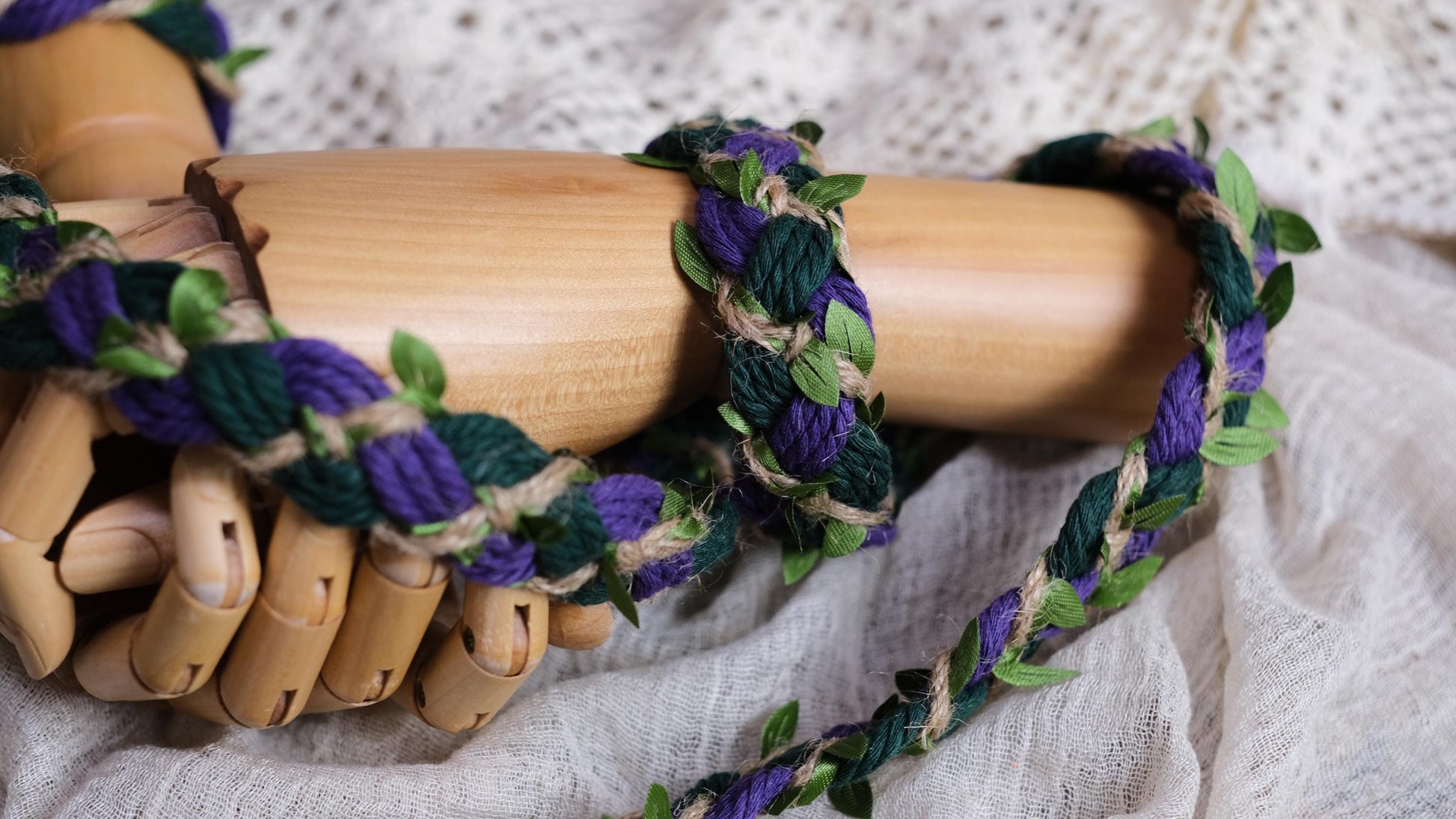 Custom braided Handfasting Cord: Purple & Dark Green with Vine– Customizable Colors