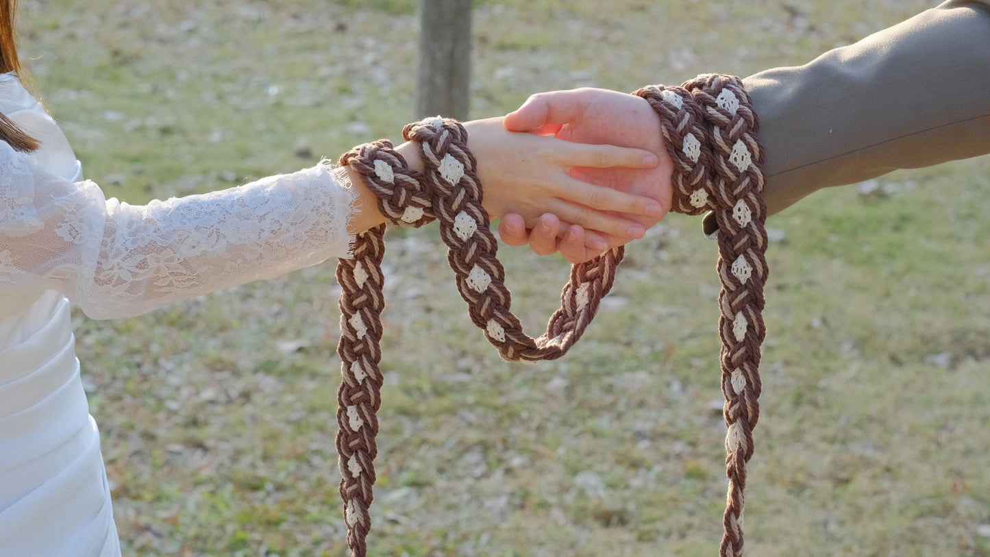 Pre-made Handmade Handfasting Cord: Brown & Beige Braided Rope with Vintage Lace
