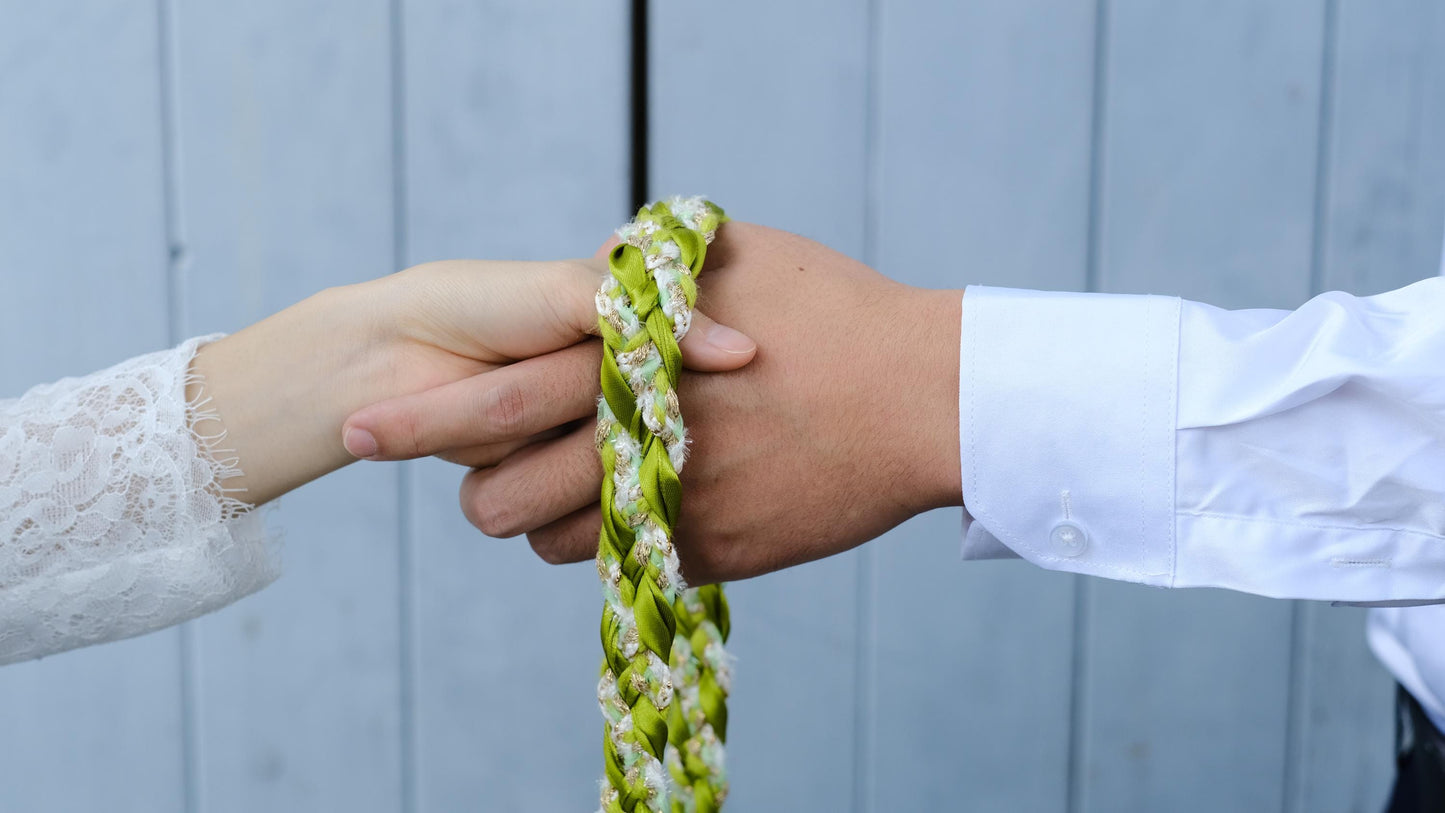 Custom braided Handfasting Cord: Light Green Satin & Gold Textured Yarn – Customizable Colors
