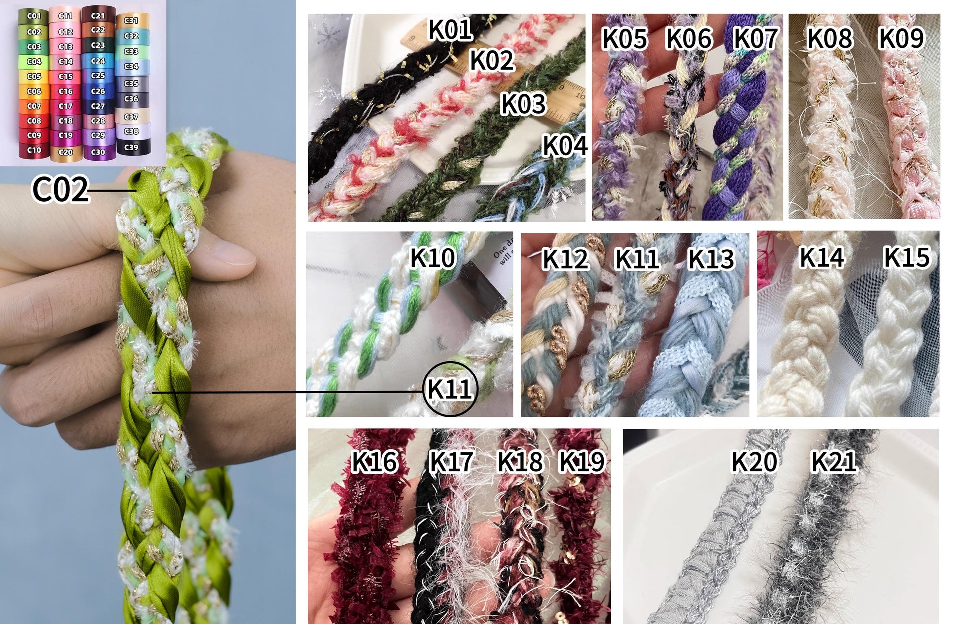 Custom braided Handfasting Cord: Light Green Satin & Gold Textured Yarn – Customizable Colors