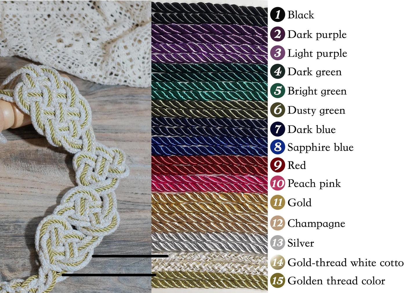 Custom braided Handfasting Cord: Open-Center Celtic Love Knot, Golden Horizon Ribbon – Customizable Colors