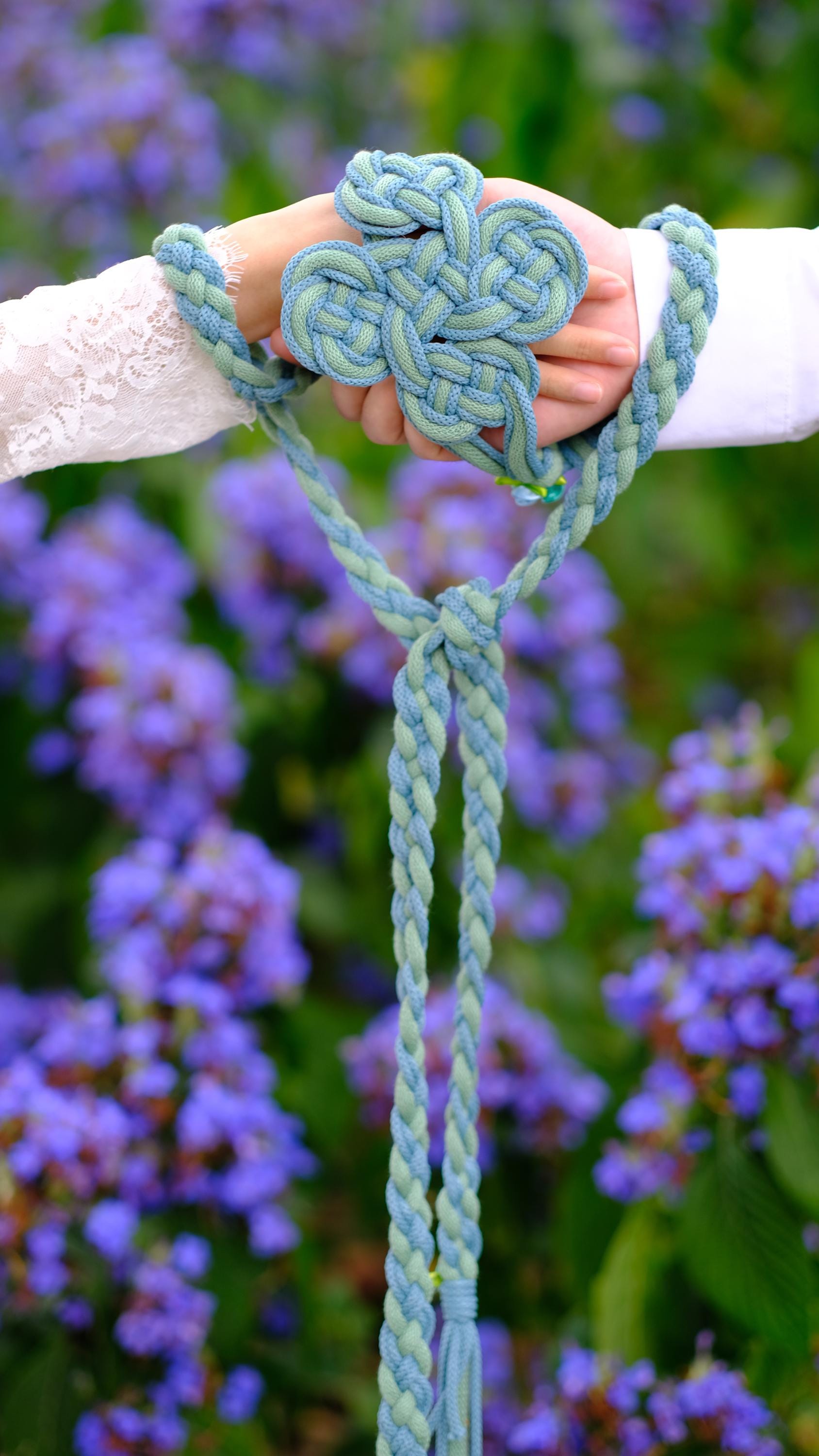 Custom Handfasting Cord: Mint & Sky Blue Square Knot, Petal Celtic Spring Wedding Cord