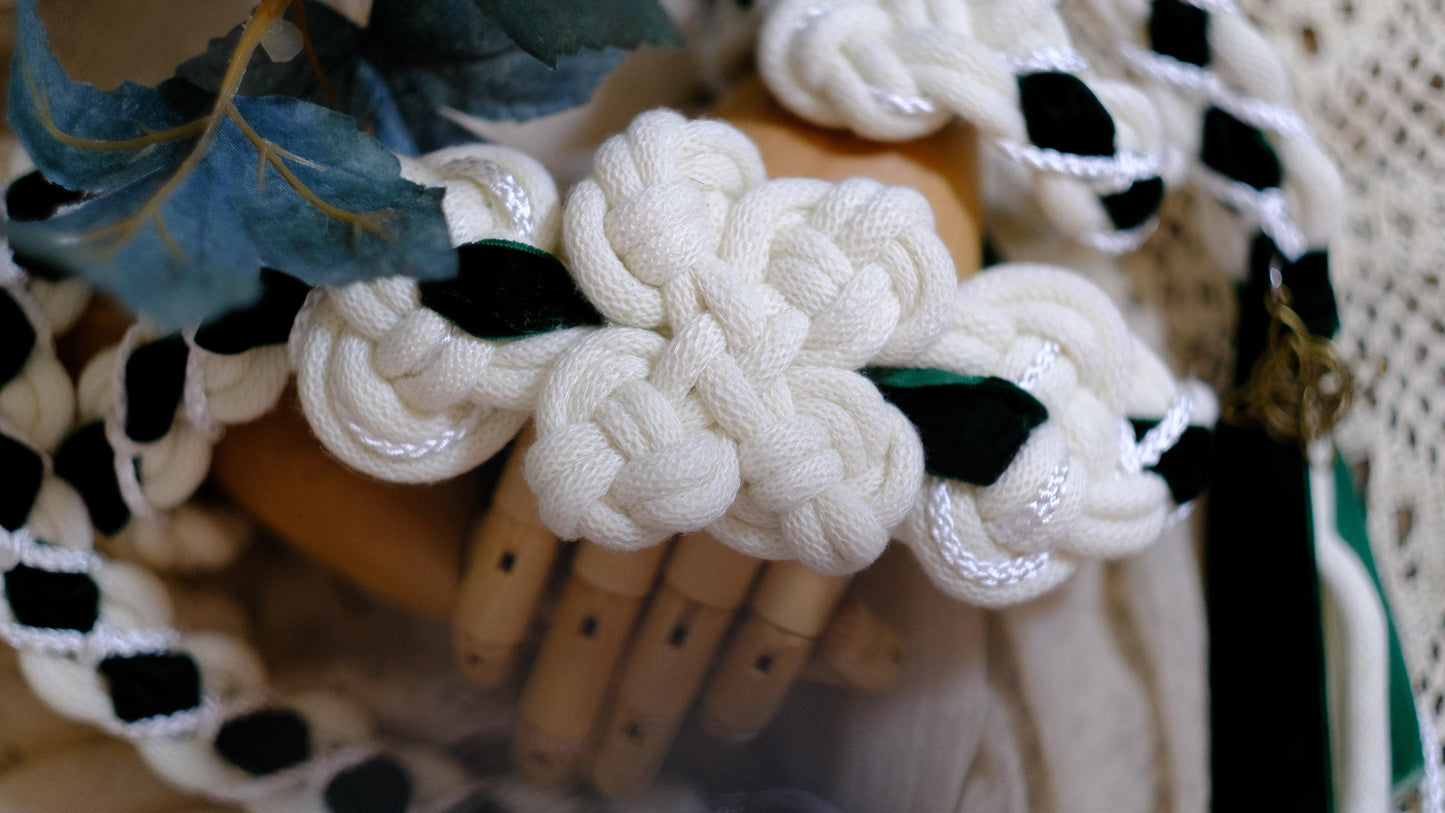 Custom braided Handfasting Cord: White Rope with Velvet Green Ribbon, Celtic Knot– Customizable Colors