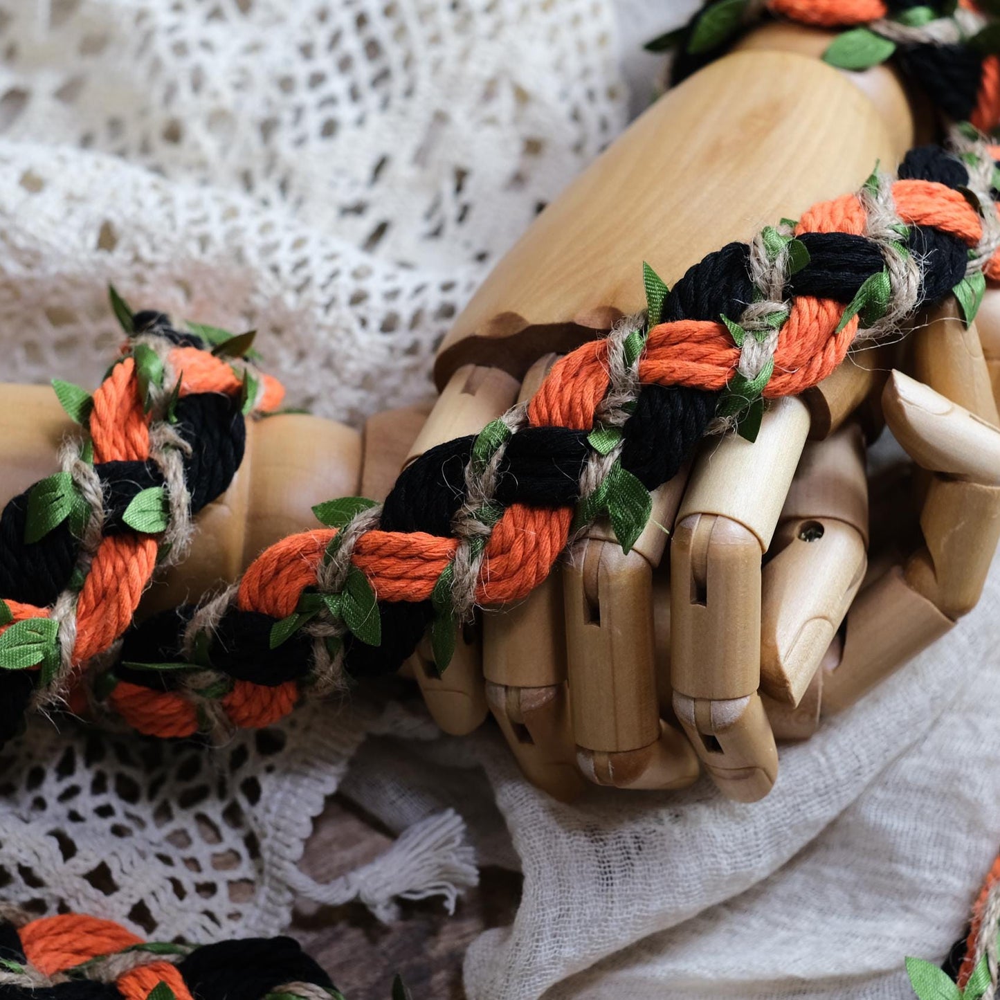 Custom braided Handfasting Cord: Black and Orange cord with Green Vine – Customizable Colors