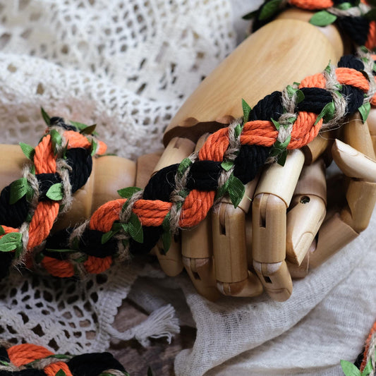 Custom braided Handfasting Cord: Black and Orange cord with Green Vine – Customizable Colors