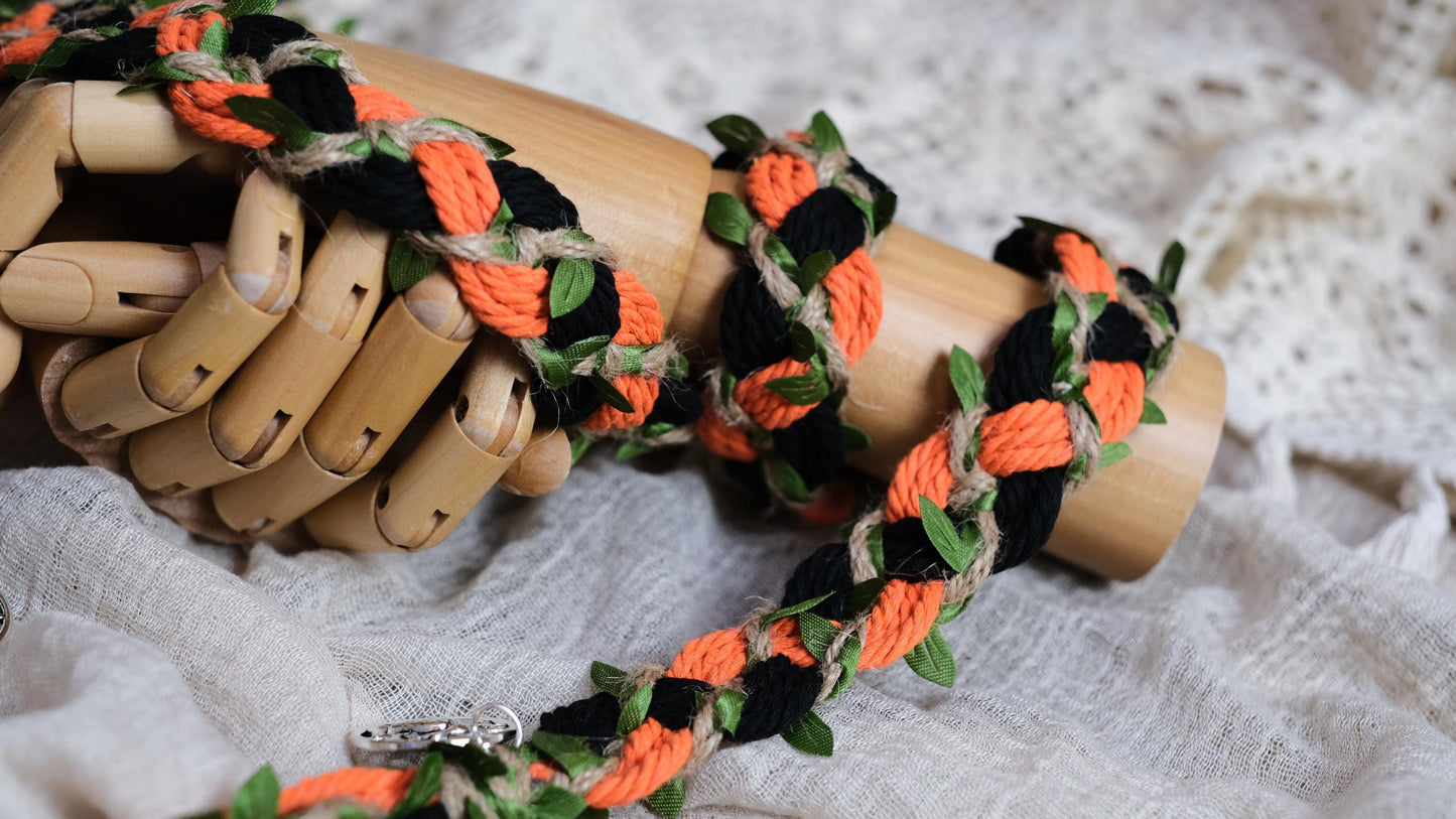Pre-made Hand braided Handfasting Cord: Black and Orange cord with Green Vine