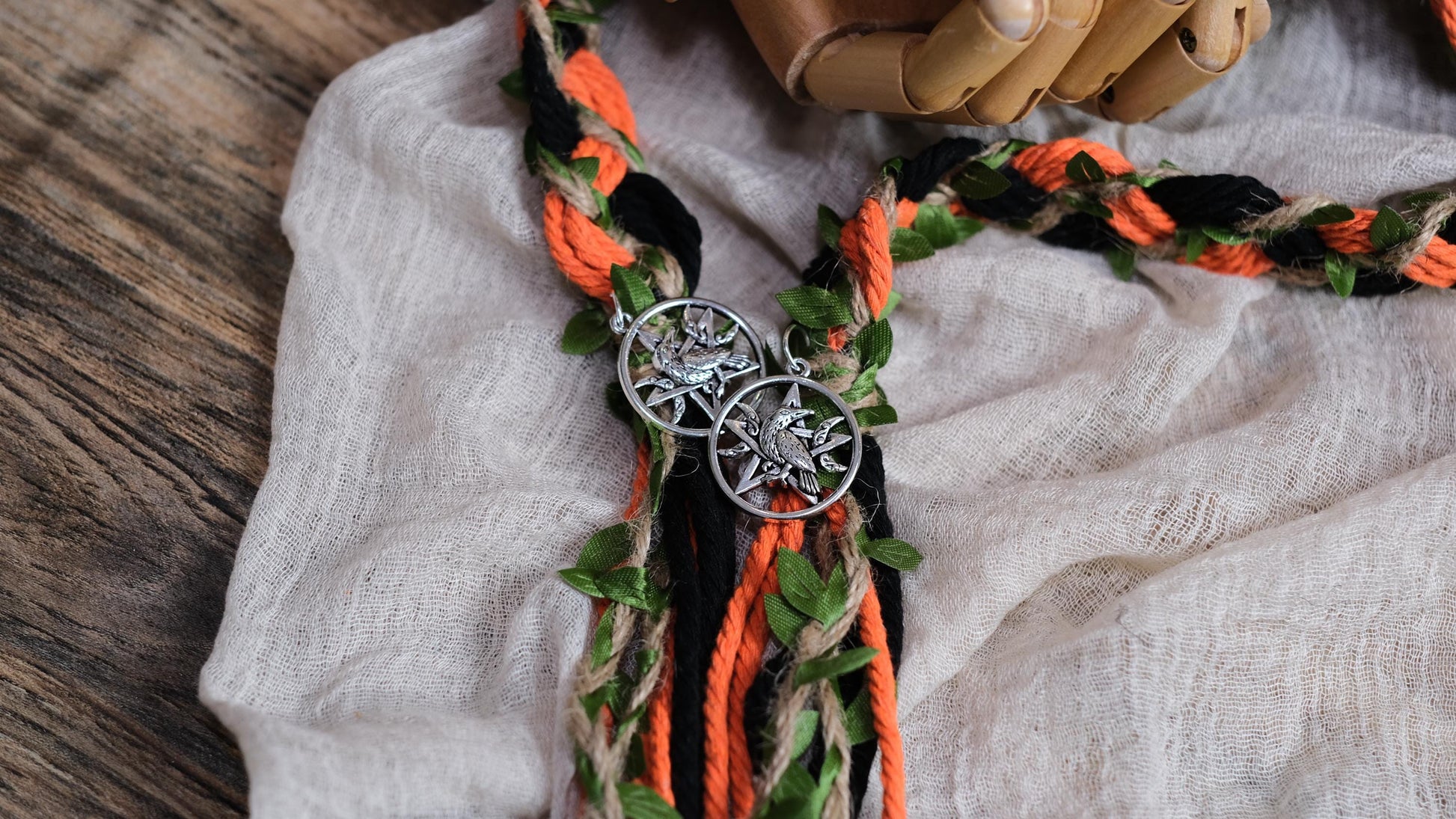 Custom braided Handfasting Cord: Black and Orange cord with Green Vine – Customizable Colors
