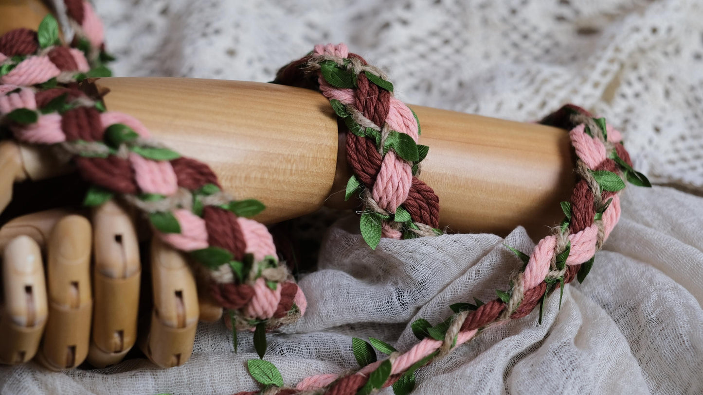 Custom braided Handfasting Cord: Blush Pink, Brown Cotton & Green Vine – Customizable Colors