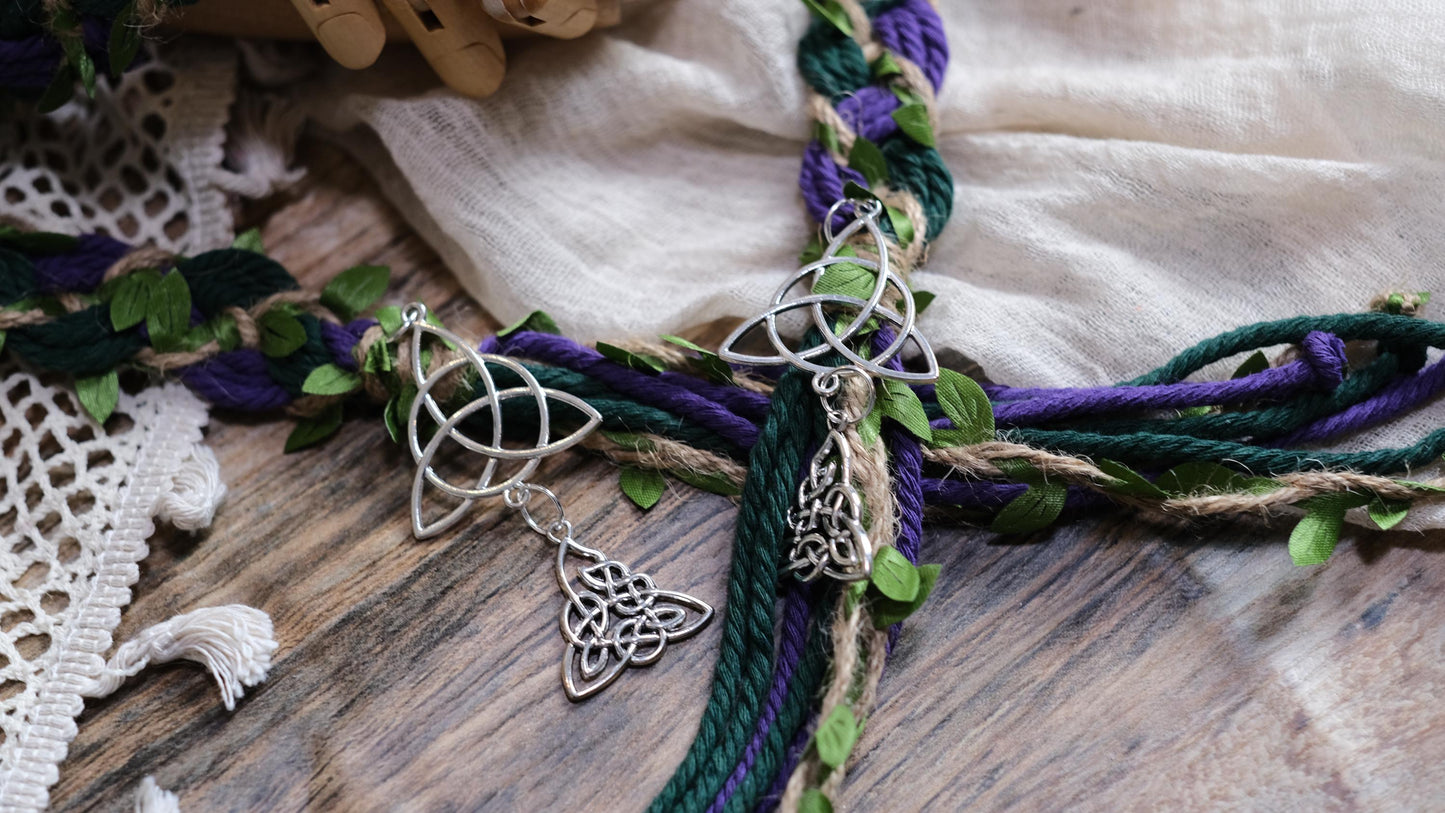 Custom braided Handfasting Cord: Purple & Dark Green with Vine– Customizable Colors