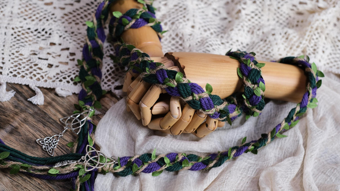 Custom braided Handfasting Cord: Black and Orange cord with Green Vine – Customizable Colors