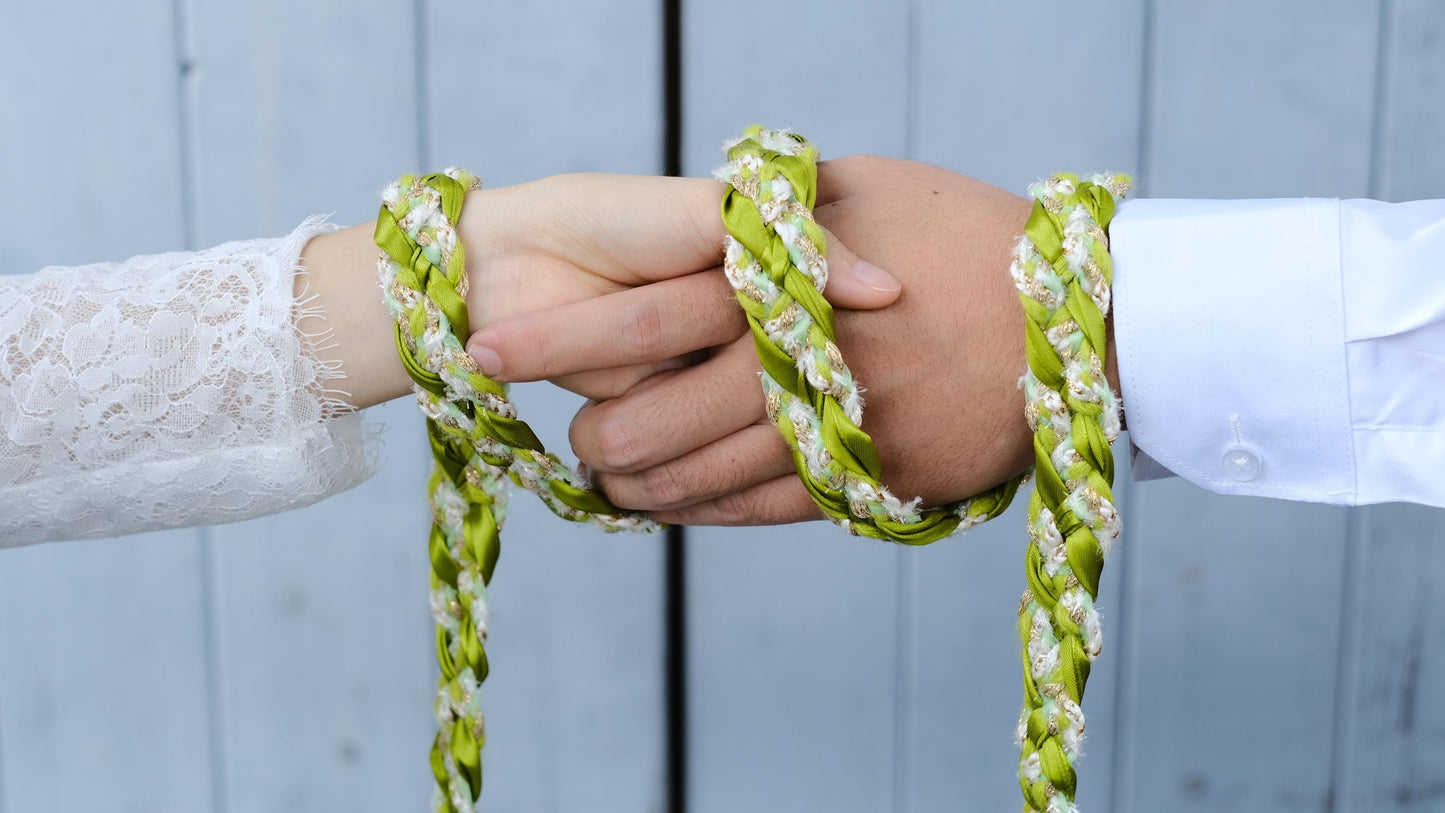 Custom braided Handfasting Cord: Light Green Satin & Gold Textured Yarn – Customizable Colors