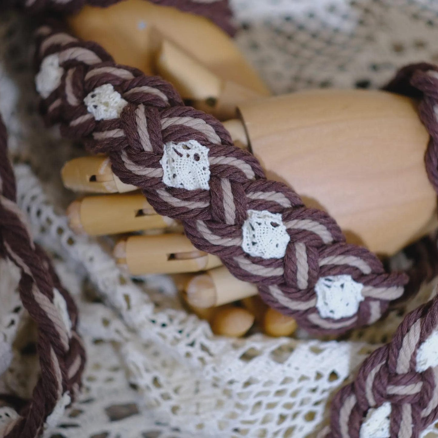 Custom Braided Handfasting Cord: Brown and Beige Rope with Vintage Lace Accents – Customizable Colors