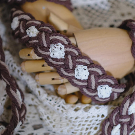Custom Braided Handfasting Cord: Brown and Beige Rope with Vintage Lace Accents – Customizable Colors