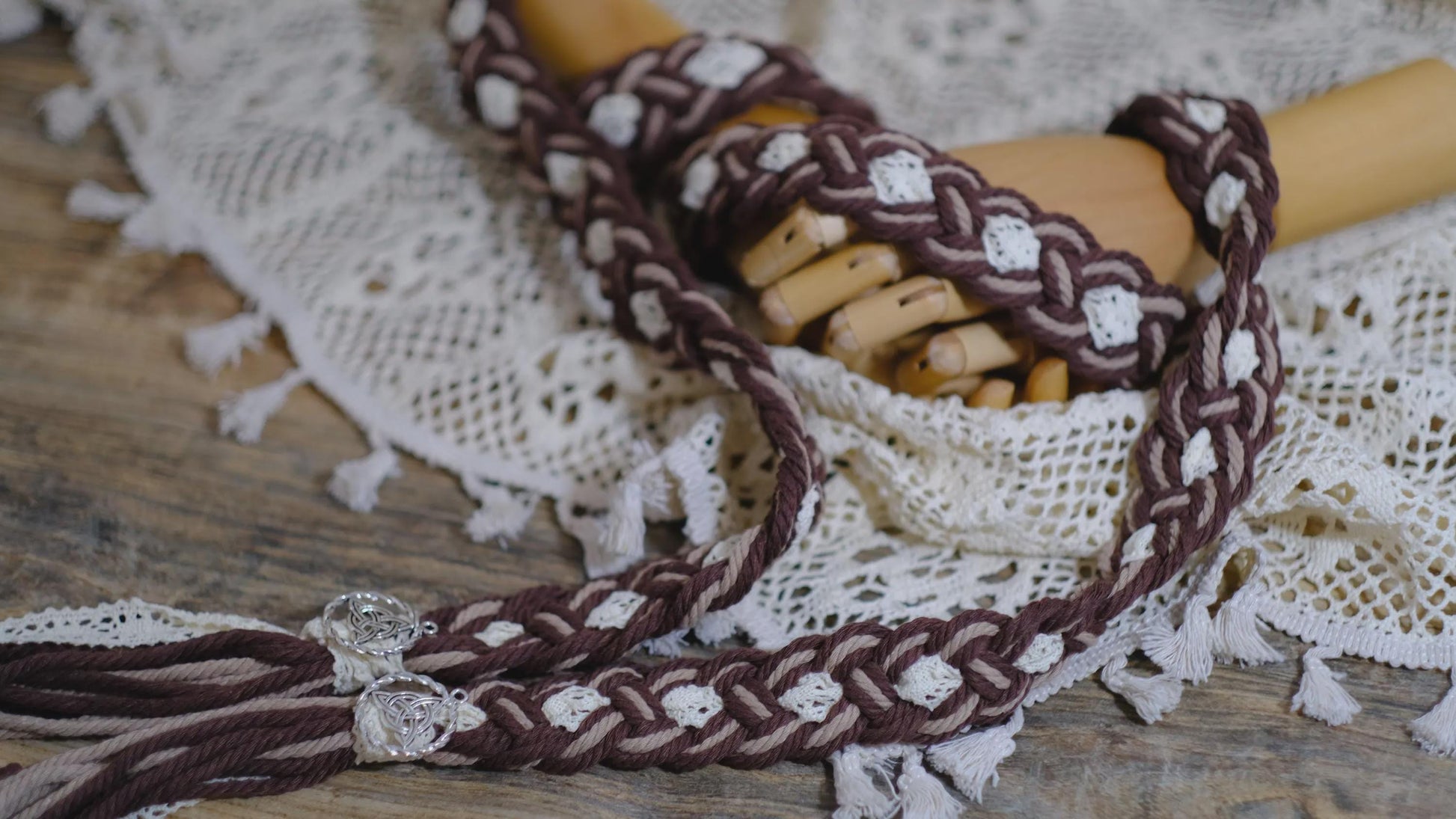 Custom Braided Handfasting Cord: Brown and Beige Rope with Vintage Lace Accents – Customizable Colors
