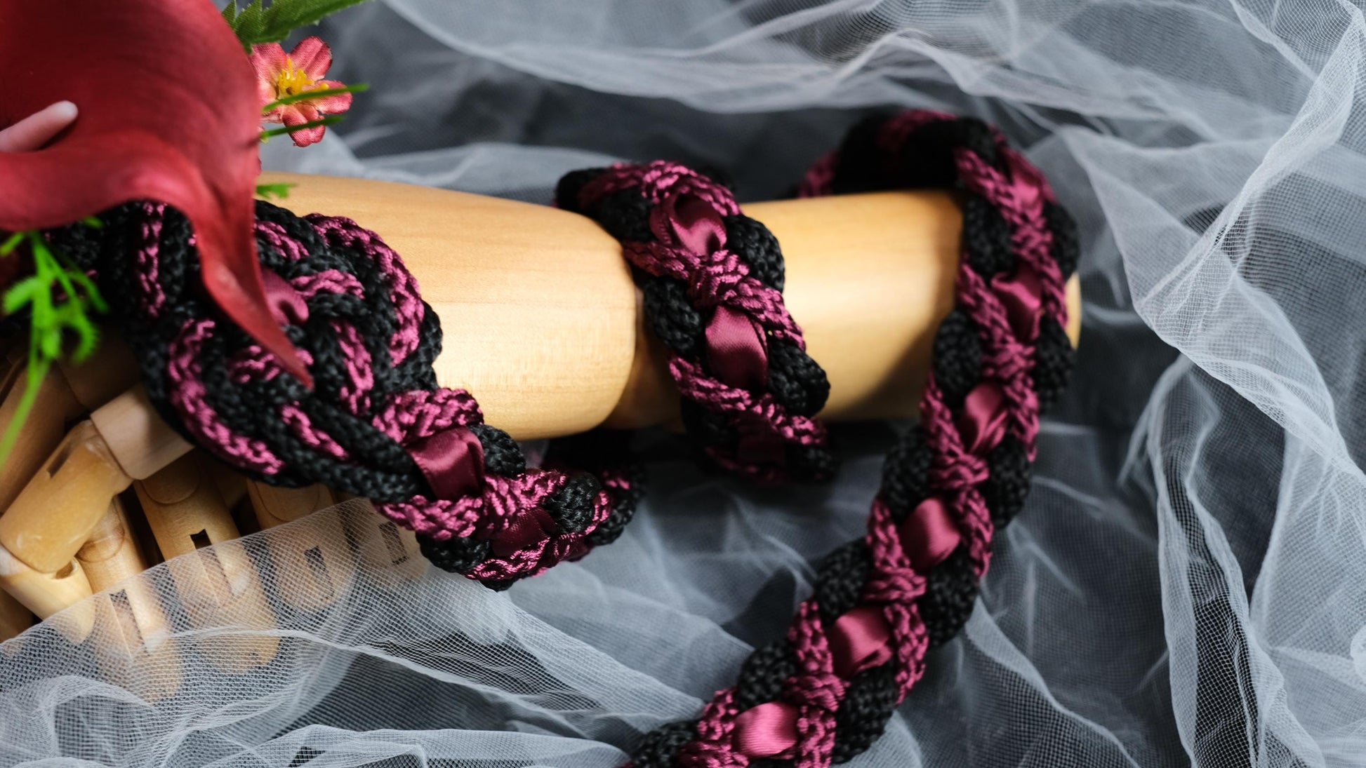 Custom Braided Handfasting Shimmer Cord: Black, Burgundy & Wine with Orchid, Celtic Knot – Customizable Colors