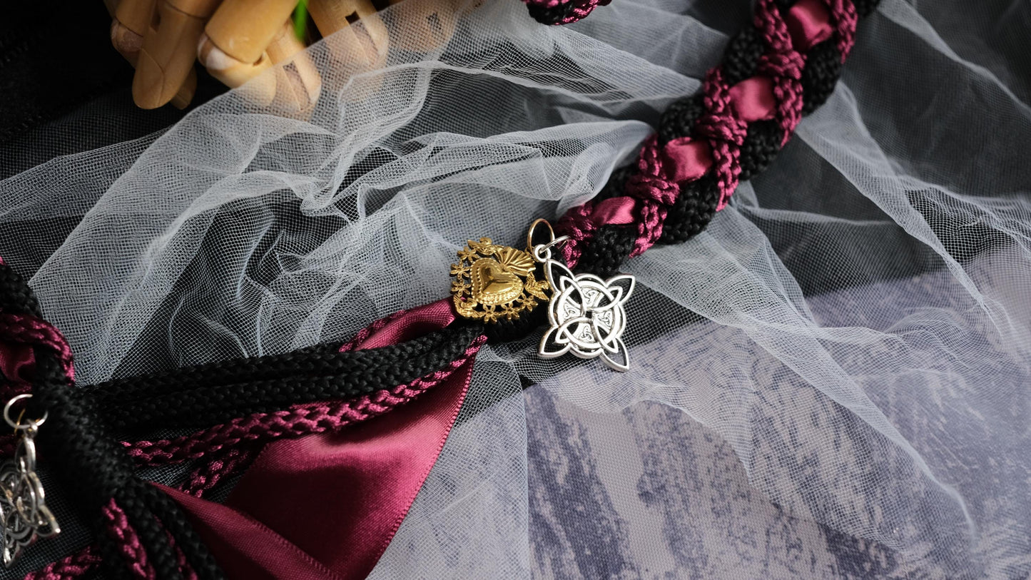 Pre-made Hand Braided Handfasting Cord: Black Burgundy Orchid Celtic Knot Wedding Ritual Tool